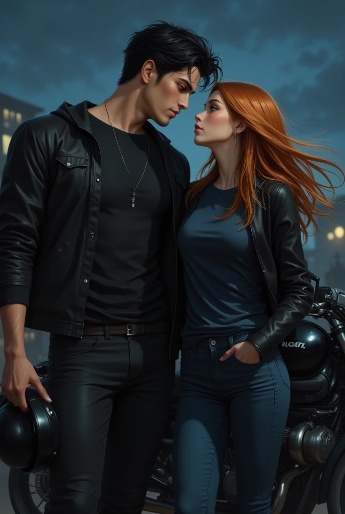 young couple, 21 year old bad boy man , high, strong, neck-length black hair and disheveled , and blue eyes,  fair skin ,  jawed pants and full lips, He's wearing black pants and a black t-shirt and a black leather jacket,  he looks down looking at her ,  she the girl is looking up at him , ela tem a  fair skin , Eyes with amber,  and long honey brown and wavy hair that is flying with the wind, She wears a dark blue t-shirt and a black jacket, She's wearing jeans,  he is leaning against the motorcycle ,  black Ducati motorcycle holding a black helmet with her hand ,  She is in front of him ,  the background is a dusk, With some nightlights.  realistic drawing 