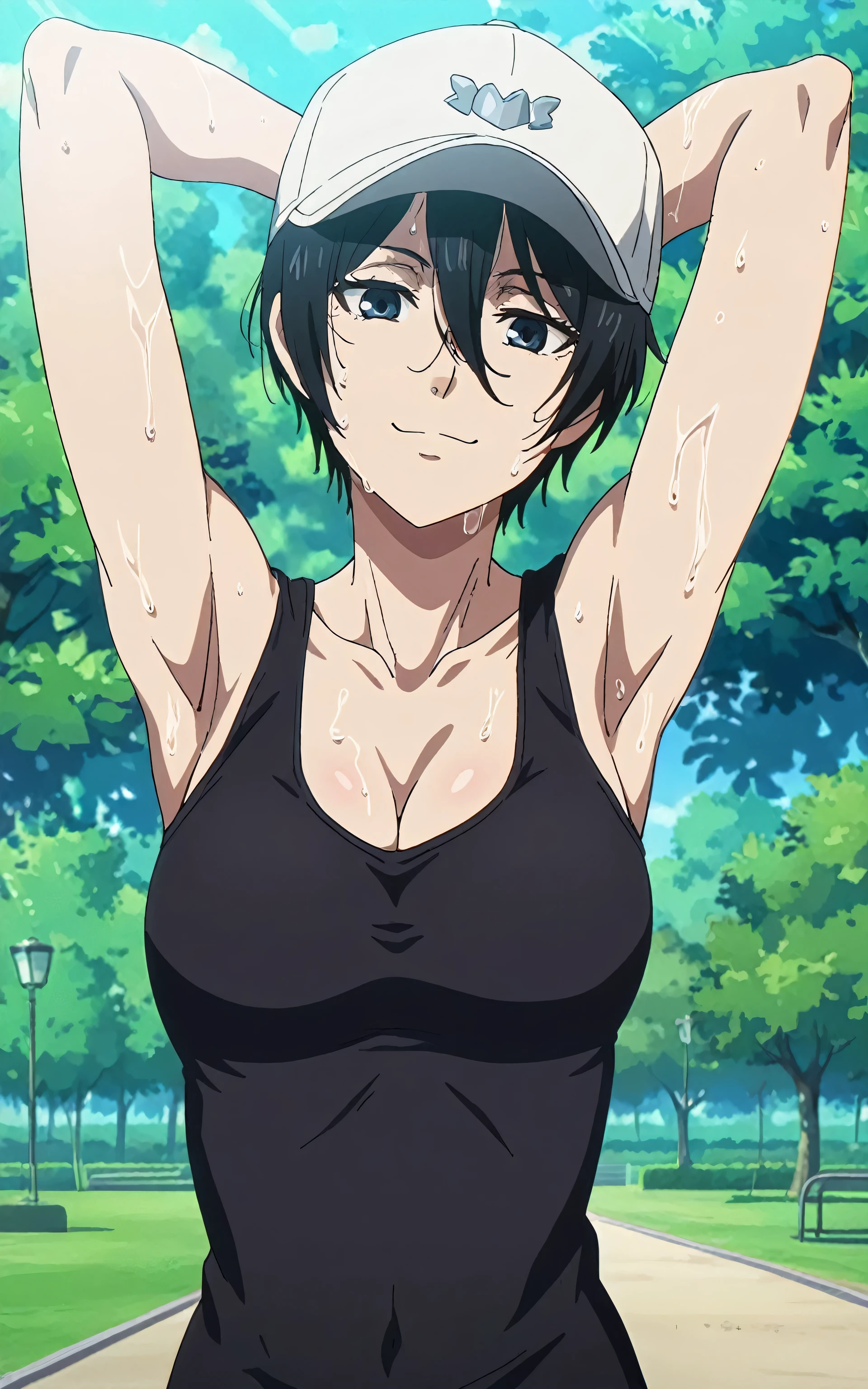 masterpiece, best quality, amazing quality, anime screencap, 1girl, solo, mikasaIL, short hair, hair between eyes, black hair,black eyes, black tank top, cleavage, sleeveless, bare shoulders, bare arms, arms behind head, armpits, head towards viewer, looking at viewer, smile, closed mouth, outdoors, day, park, (sweaty:0.8)