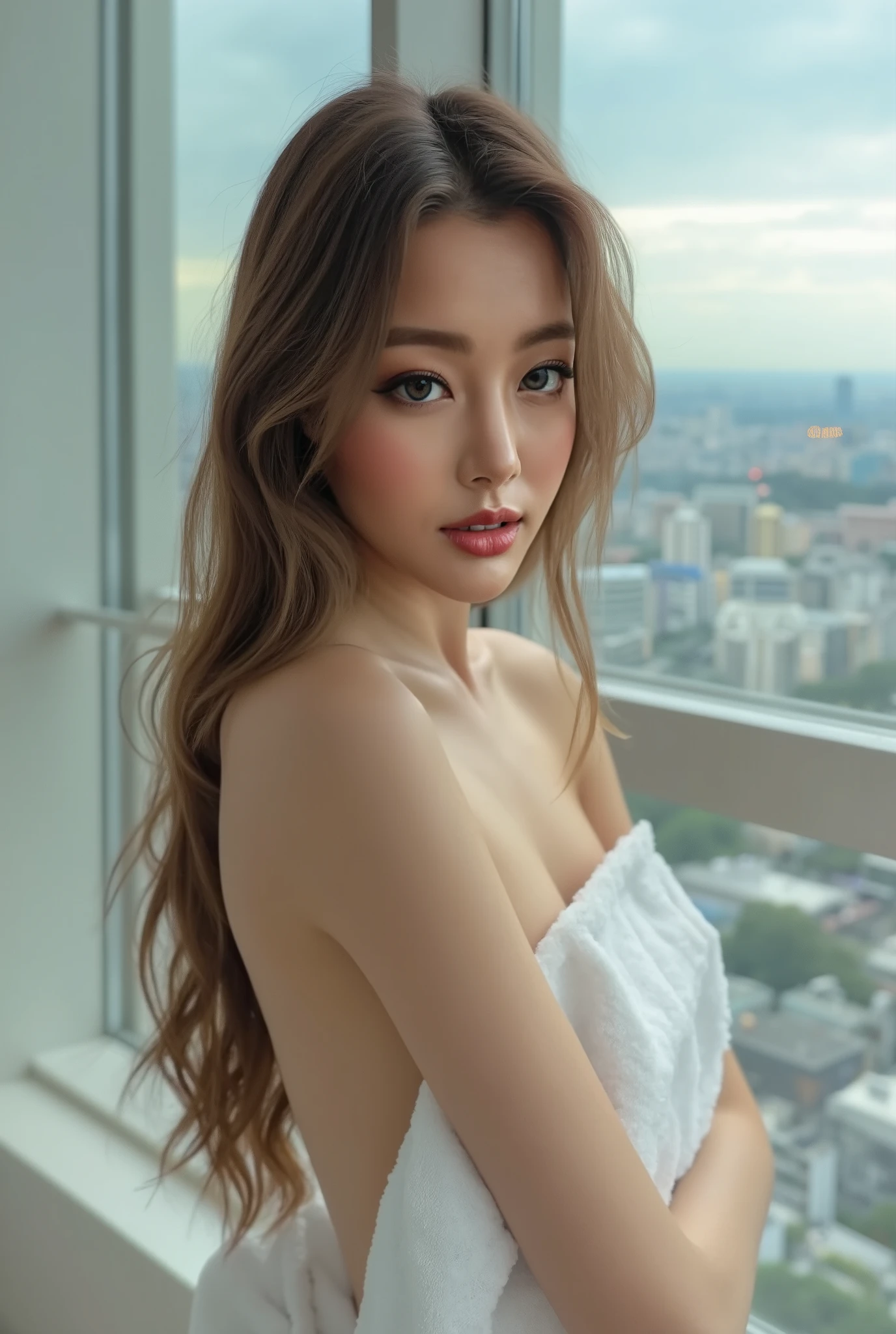 closed-up shot of young thai woman , medium breasts , slender, long brown natural loose hair is wearing a white towel, revealing her seductive and sexy side, exuding her feminine charm. She stand next to window in a modern minimalist luxury condominium. The background should be a modern minimalist interior with large floor to ceiling windows overlooking the bustling city skyline. The overall color tone should be calm and friendly.