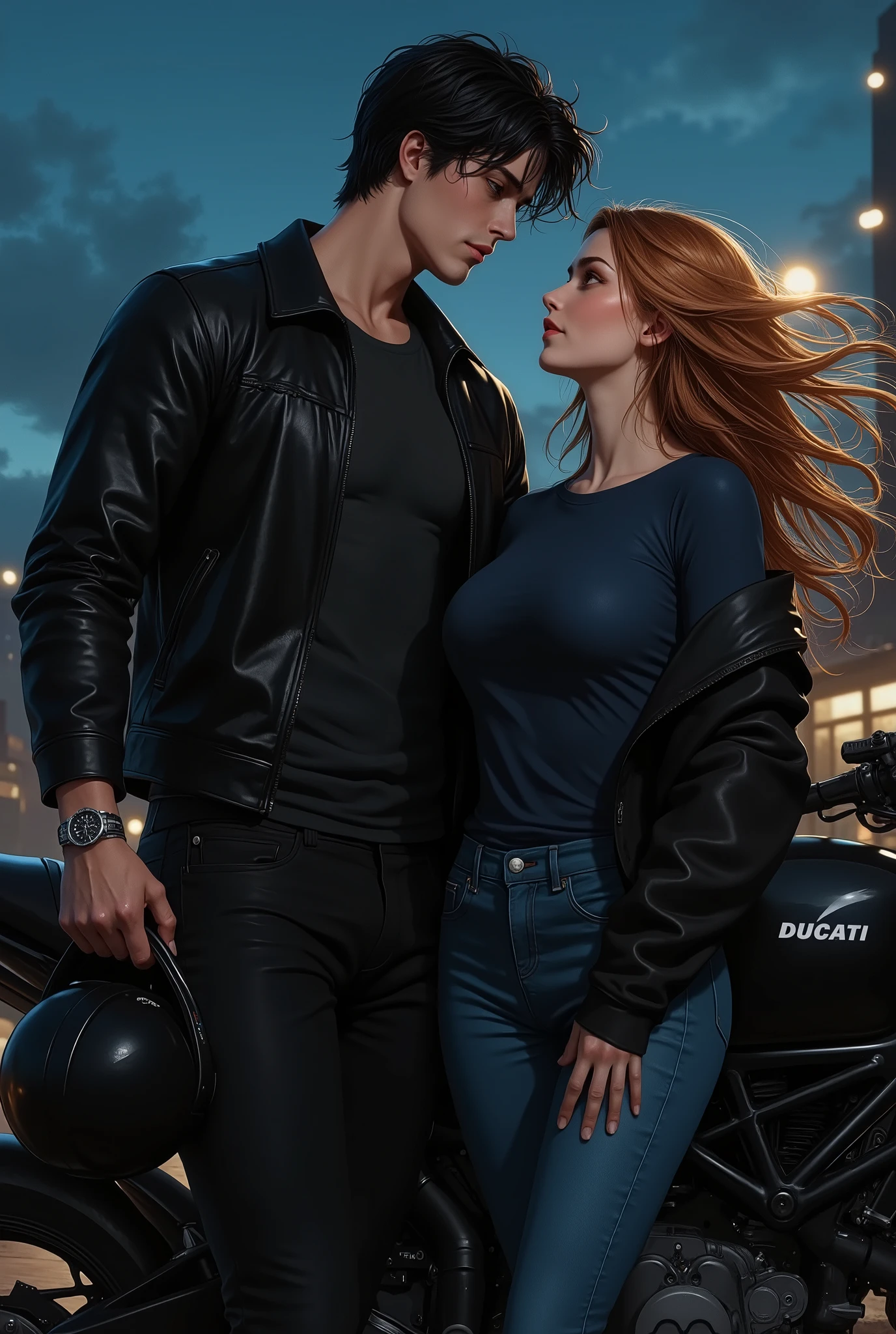 young couple, 21 year old bad boy man , high, strong, neck-length black hair and disheveled , and blue eyes, fair skin , jawed pants and full lips, He's wearing black pants and a black t-shirt and a black leather jacket, he looks down looking at her , she the girl is looking up at him , ela tem a fair skin , Eyes with amber, and long honey brown and wavy hair that is flying with the wind, She wears a dark blue t-shirt and a black jacket, She's wearing jeans, he is leaning against the motorcycle , black Ducati motorcycle holding a black helmet with her hand , She is in front of him , the background is a dusk, With some nightlights. realistic drawing