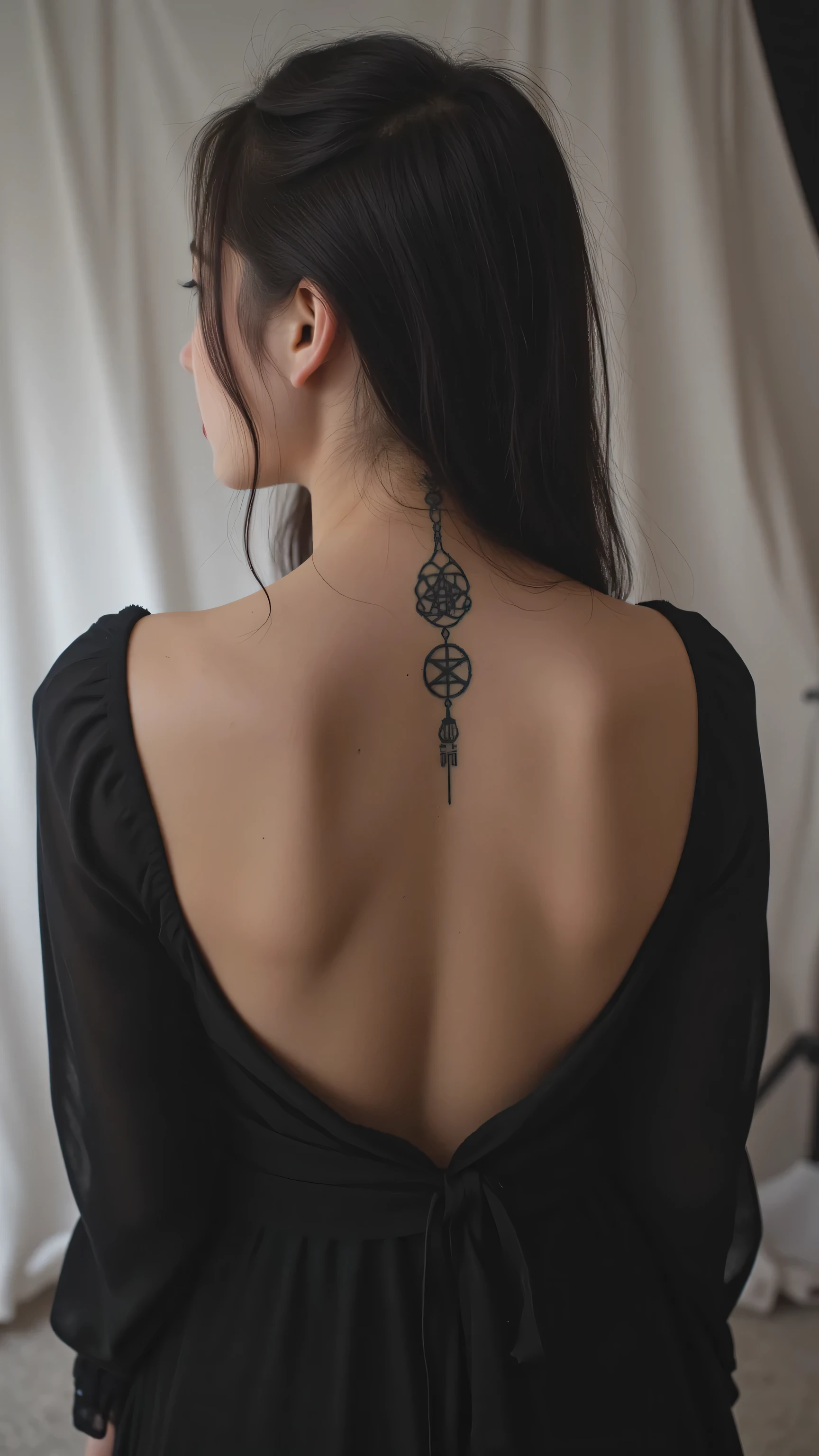 Several tattoos of Wicca symbols on the back of the neck of a woman in a long dress in a studio