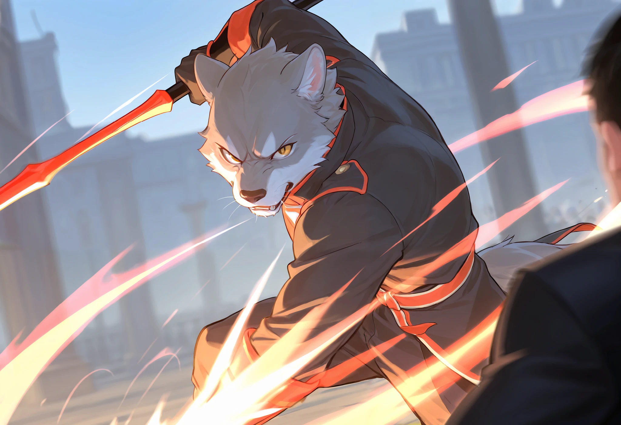 top quality, high-quality illustrations((masterpiece))depth of field, motion blur, absurdres, Perfect Anatomy, magnificent picture of kemono fighting fierce battles, kemono, 1boy, solo focus, Anthro((dramatic))epic, weapon, dynamic pose, One scene of movie,