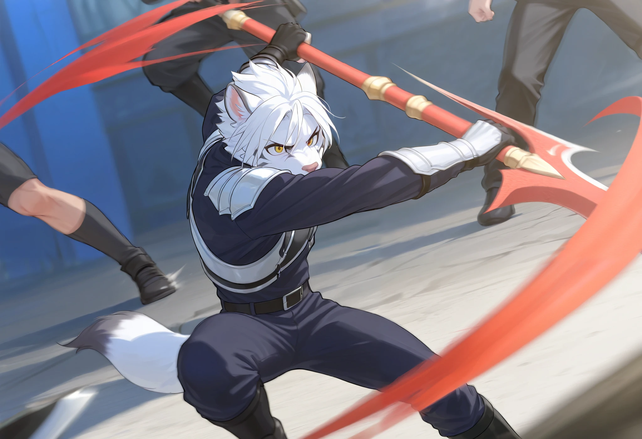 top quality, high-quality illustrations((masterpiece))depth of field, motion blur, absurdres, Perfect , magnificent picture of kemono fighting fierce battles, kemono, 1boy, solo focus, Anthro((dramatic))epic, weapon, dynamic pose, One scene of movie,
