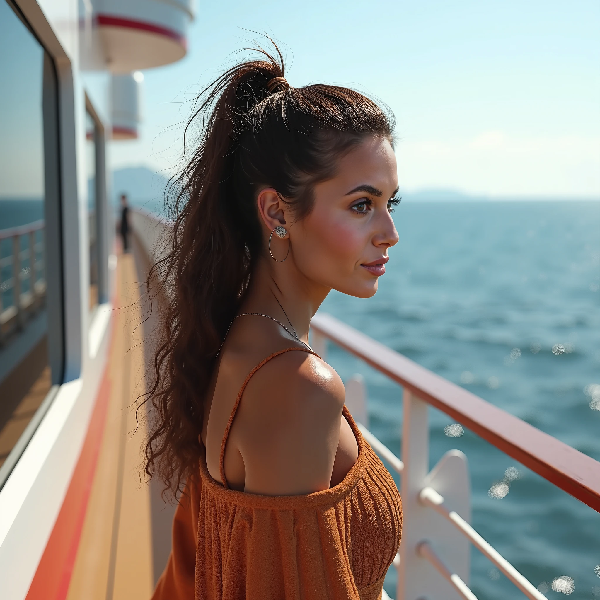 Woman watching a departing ship, back view, long hair