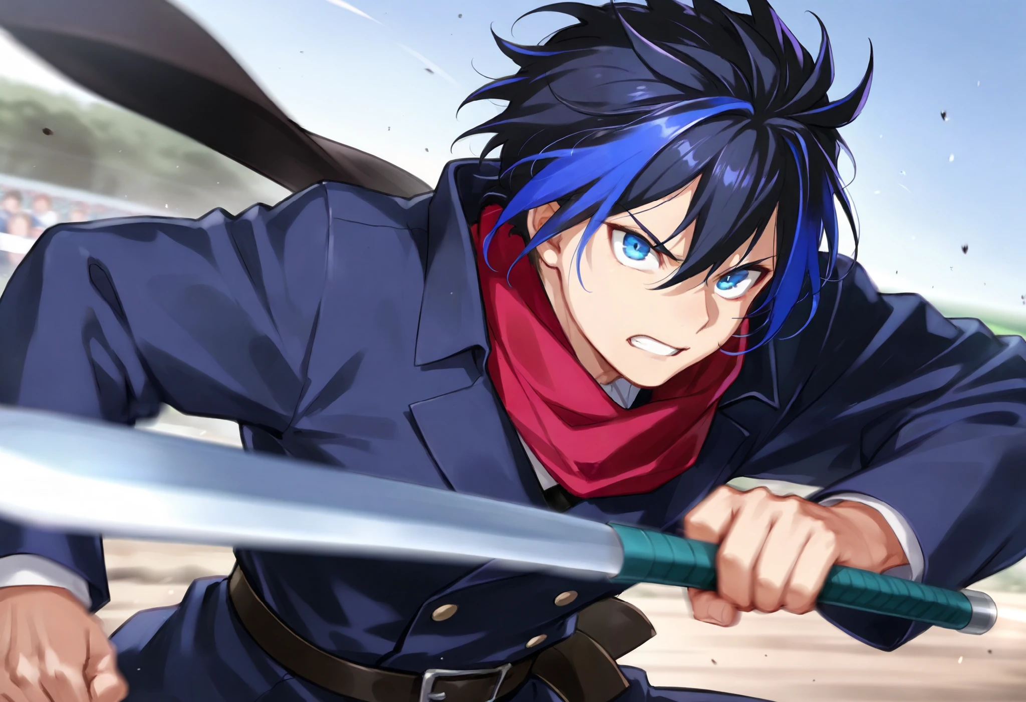 top quality, high-quality illustrations((masterpiece))depth of field, motion blur, absurdres, Perfect Anatomy, magnificent picture of kemono fighting fierce battles, kemono, 1boy, solo focus, Anthro((dramatic))epic, weapon, dynamic pose, One scene of movie,