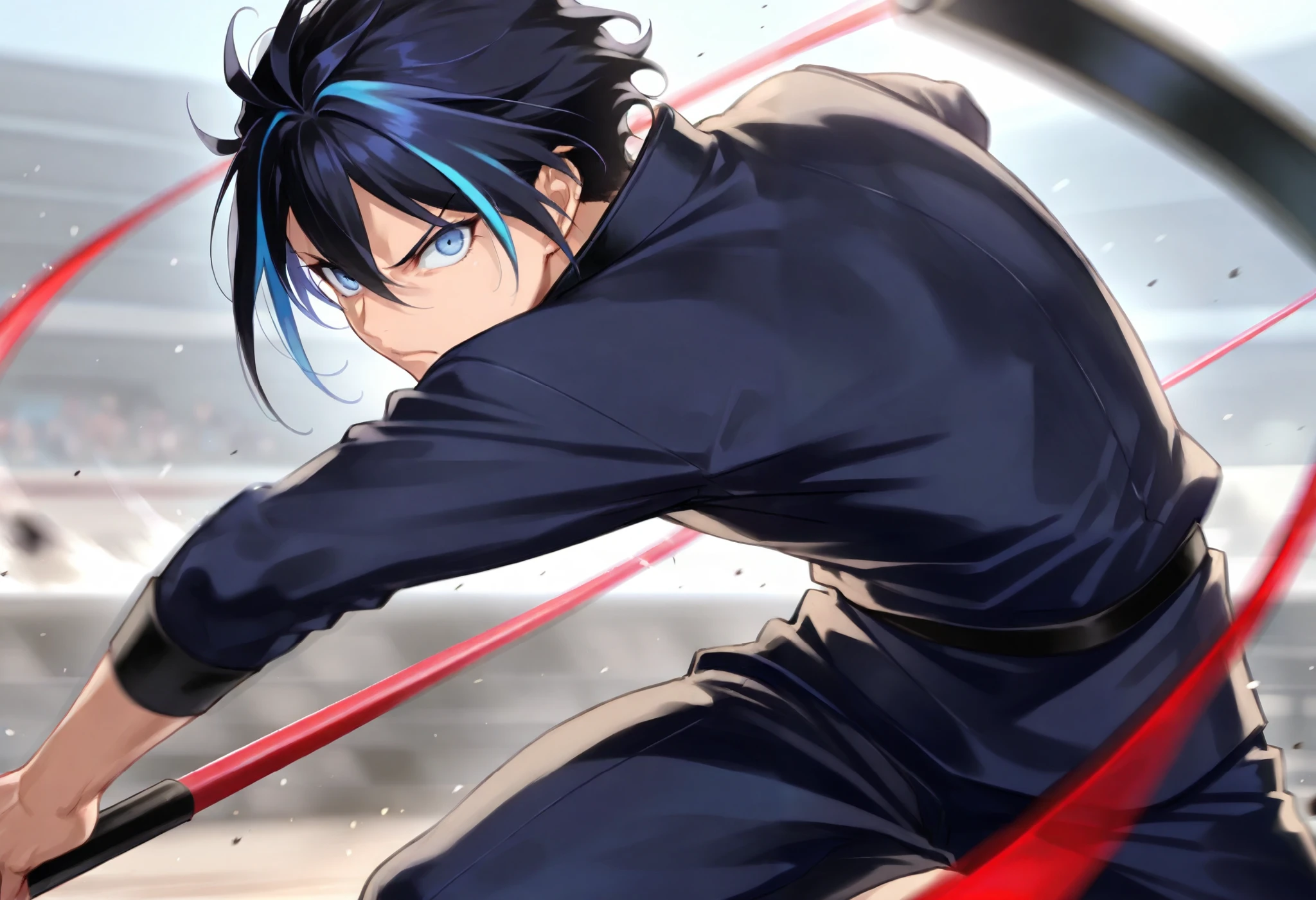 top quality, high-quality illustrations((masterpiece))depth of field, motion blur, absurdres, Perfect Anatomy, magnificent picture of kemono fighting fierce battles, kemono, 1boy, solo focus, Anthro((dramatic))epic, weapon, dynamic pose, One scene of movie,
