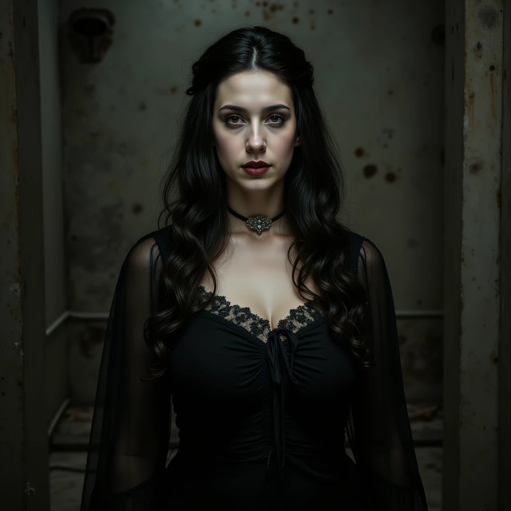 Sofia Lillis, Big Fat Body, gothic makeup, pale skin, long wavy hair, fitting dress, split 