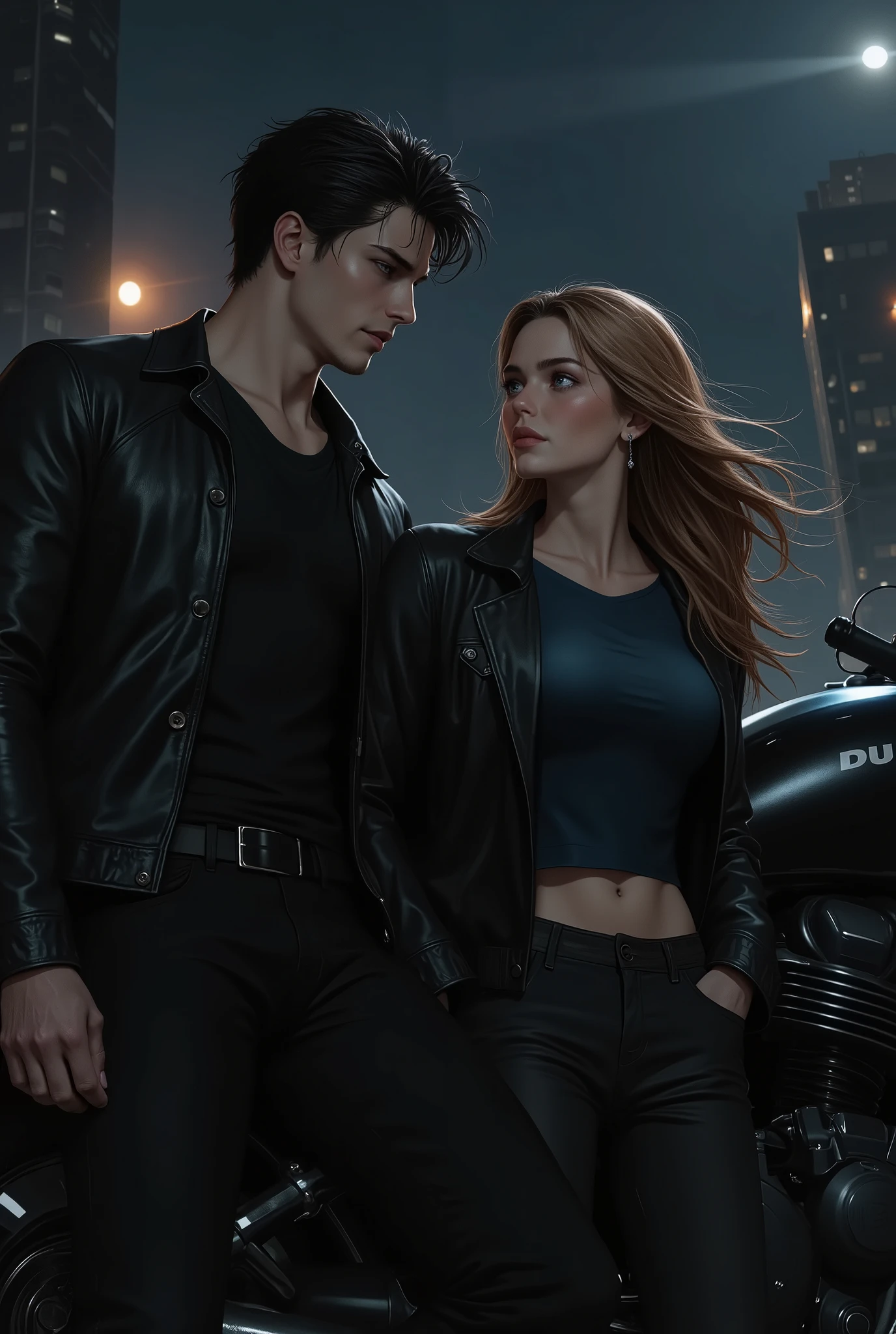 young couple, 21 year old bad boy man , high, strong, black hair at the back of the neck and disheveled , and blue eyes, fair skin , jawed pants and full lips, He's wearing black pants and a black t-shirt and a black leather jacket, he looks down looking at her , She the girl is looking up at him facing his body, ela tem a fair skin , Eyes with amber, and long honey brown and wavy hair that is flying with the wind, She wears a dark blue t-shirt and a black jacket, She's wearing jeans, he is leaning against the motorcycle , black Ducati motorcycle holding a black helmet with her hand , She is in front of him , the background is a dusk, With some nightlights. realistic drawing