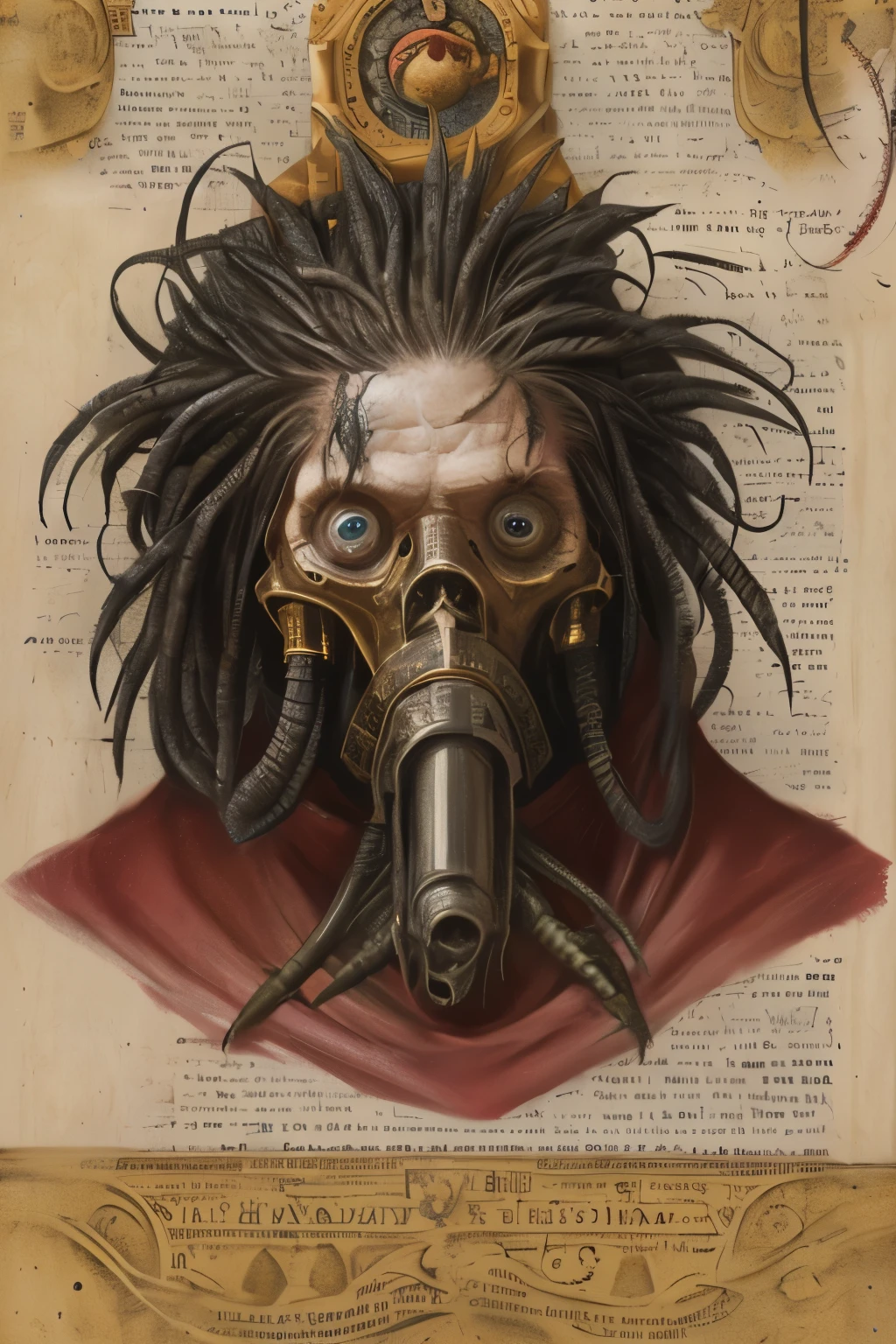 1 man, mechanicus covered with sacred scrolls, a human face, a heavy look, little augmentation, metal hair, thorny hair.