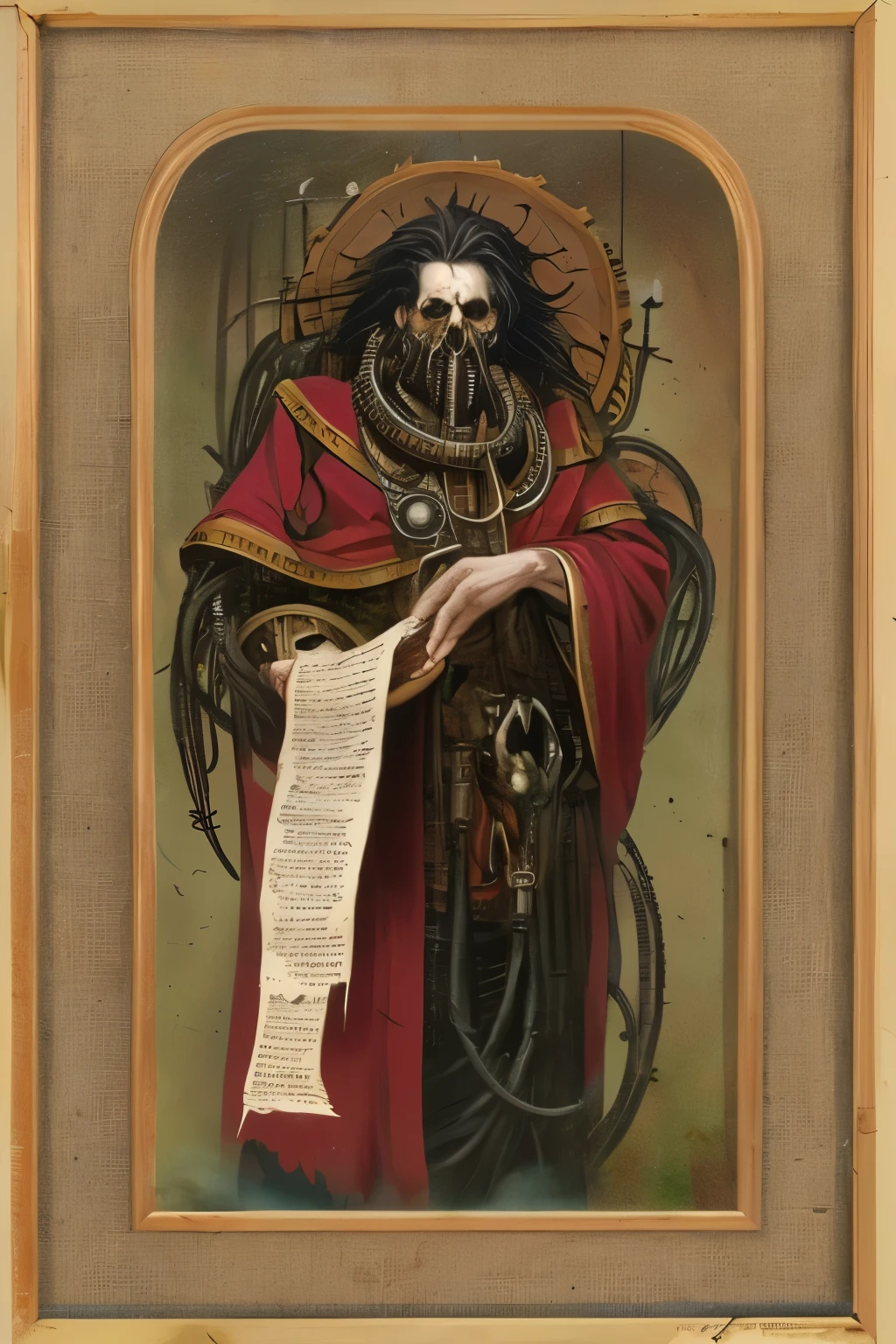 1 man, mechanicus covered with sacred scrolls, a human face, a heavy look, little augmentation, metal hair, thorny hair.