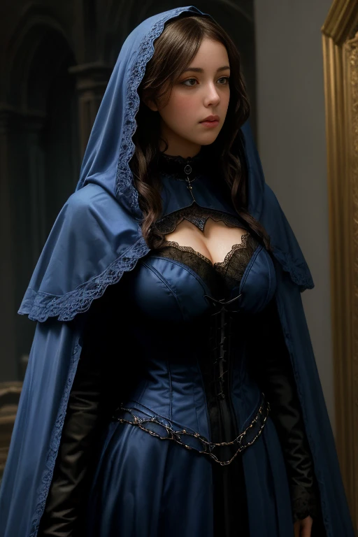 two sisters portrait break: female, evil, 19 years old , black hair and blue eyes, arrogant, leader, detailed face, beautiful face, curvys, tall, chubby, cleavage dress with cape, desing with christian cross, break: teenager(1.3), girl 13 years old, very small breats, black hair and blue eyes, detailed face, angelical face,cleavage, small breasts, dress with cape, desing with christian cross, soft lesbians
