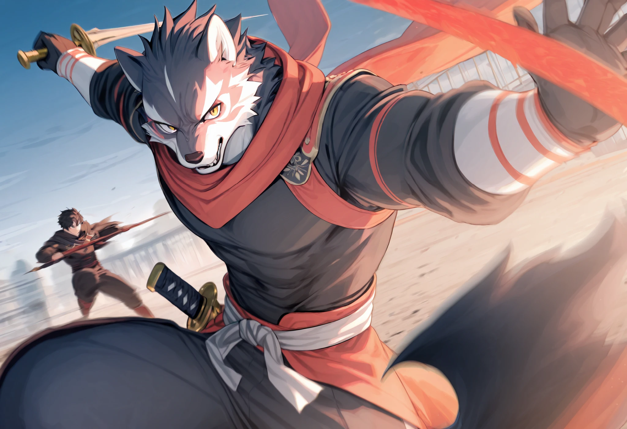 top quality, high-quality illustrations((masterpiece))depth of field, motion blur, absurdres, Perfect Anatomy, magnificent picture of kemono fighting fierce battles, kemono, 1boy, solo focus, Anthro((dramatic))epic, weapon, dynamic pose, One scene of movie,