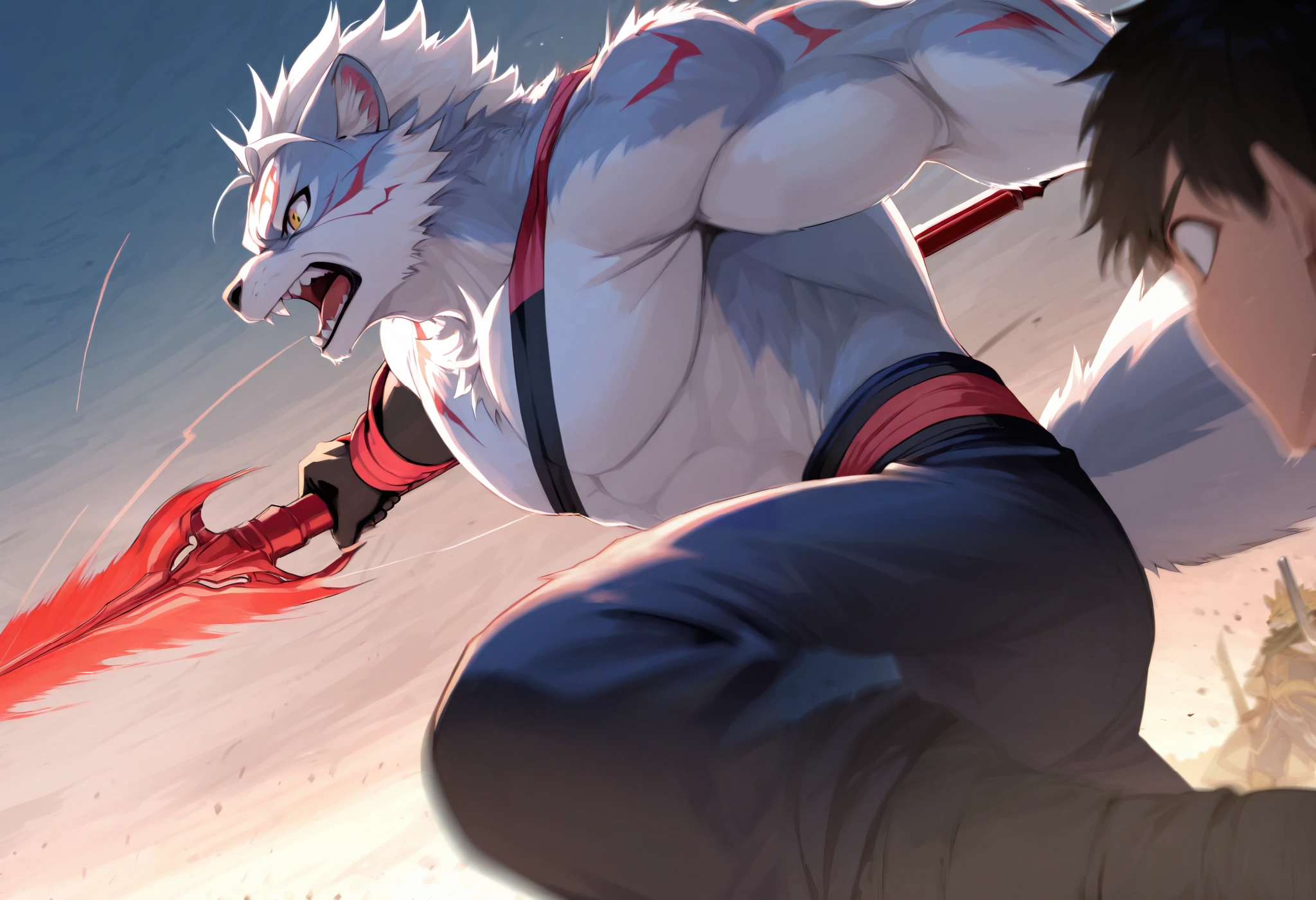 top quality, high-quality illustrations((masterpiece))depth of field, motion blur, absurdres, Perfect Anatomy, magnificent picture of kemono fighting fierce battles, kemono, 1boy, solo focus, Anthro((dramatic))epic, weapon, dynamic pose, One scene of movie,