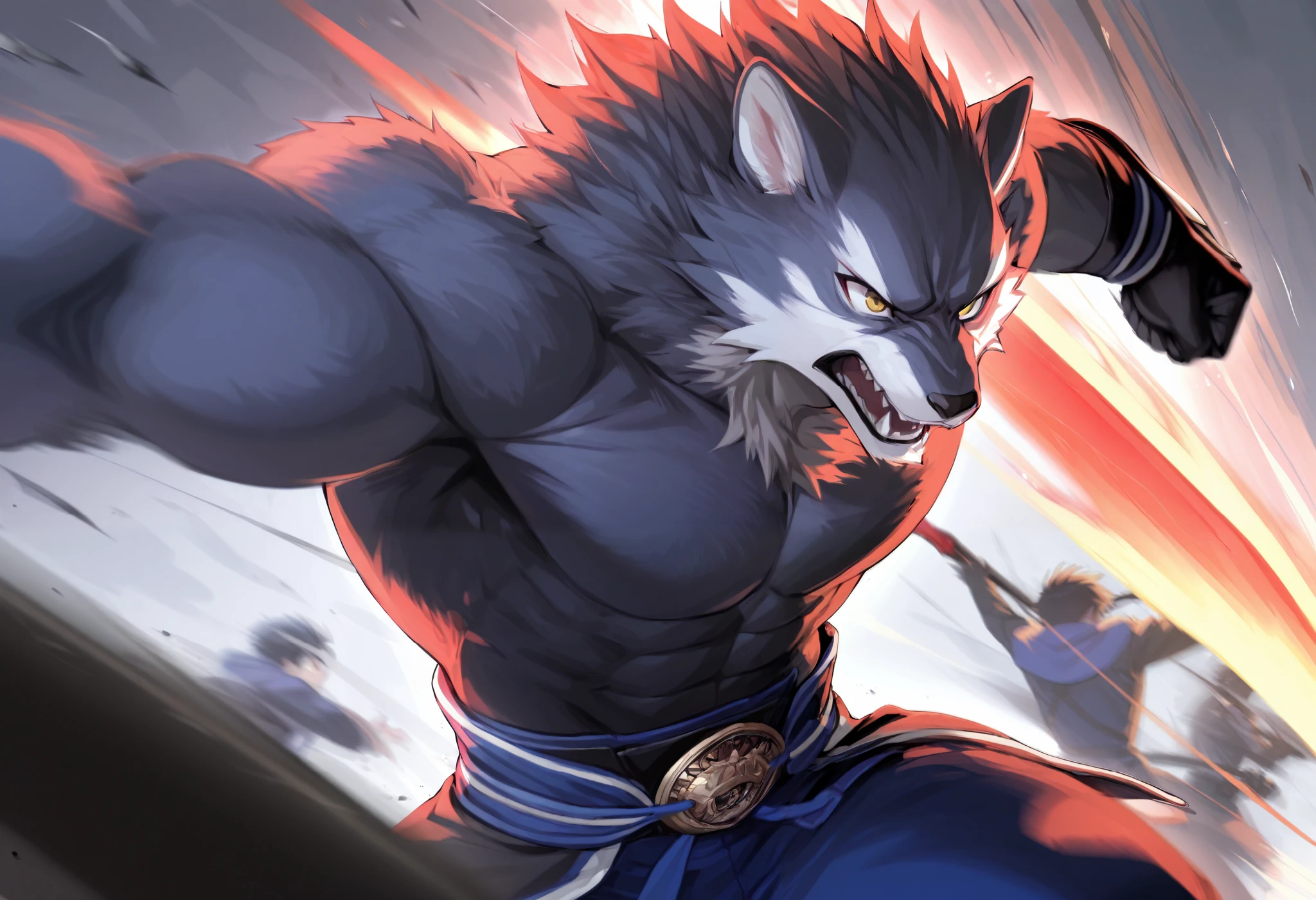 top quality, high-quality illustrations((masterpiece))depth of field, motion blur, absurdres, Perfect Anatomy, magnificent picture of kemono fighting fierce battles, kemono, 1boy, solo focus, Anthro((dramatic))epic, weapon, dynamic pose, One scene of movie,
