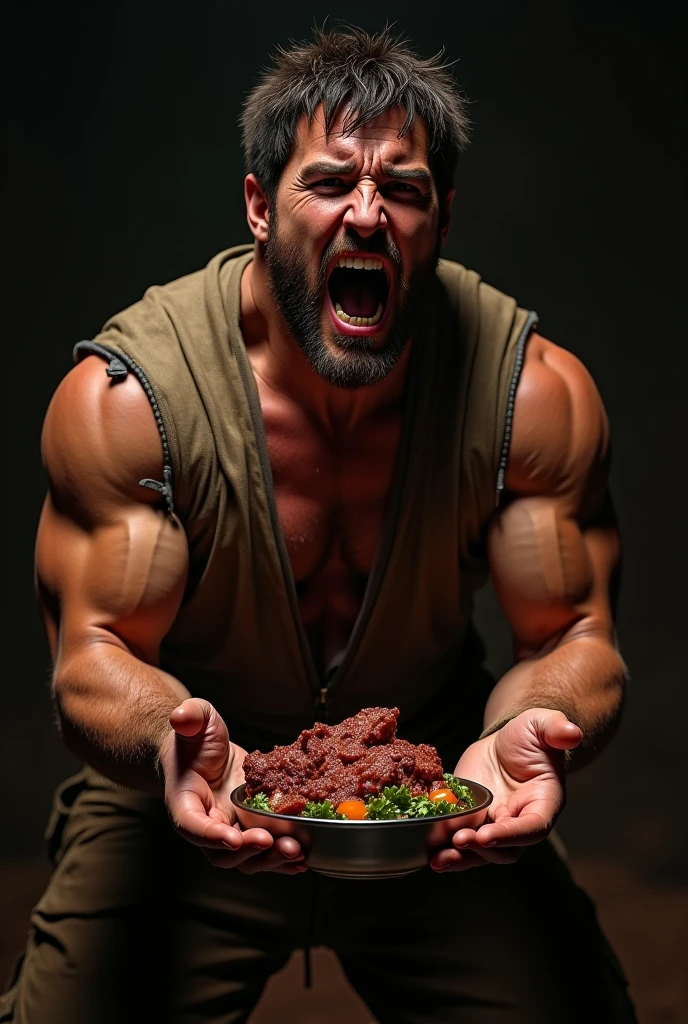 Man with fit body eating meat like a beast