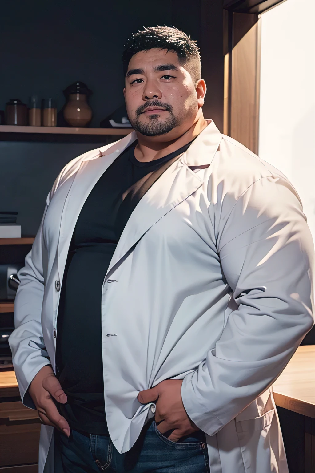 highest quality,masterpiece,Doctor,fat asian,Japanese,fat uncle,55year old middle-aged man,black under cut hair,((Long-sleeved Lab coat)),blue jeans,Thick eyebrows,short black beard,(very muscular),dark skin,Wrinkle-free face,(white background), Surrealism, Panorama, 8k,detail hands,upper body portrait,look at viewer,single eyelid,black tank top