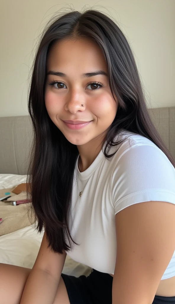 ultra haute résolution . photorealiste : 0,1.4, Ultra HD, une fille hawaïenne souriante prenant un selfie de son visage , elle est allongée dans le lit et seul son visage, selfi . Elle a de longs et élégants cheveux noirs tombant sur ses épaules et son dos. elle est a un tshirt blanc et une jupe noir
