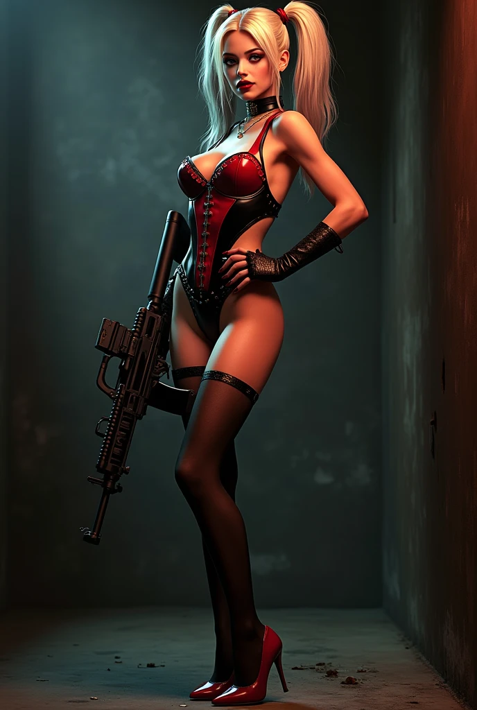 Woman in red lingerie holding a gun in her hand with a face of despair, penumbra,sangueno hombro,sangue,terror