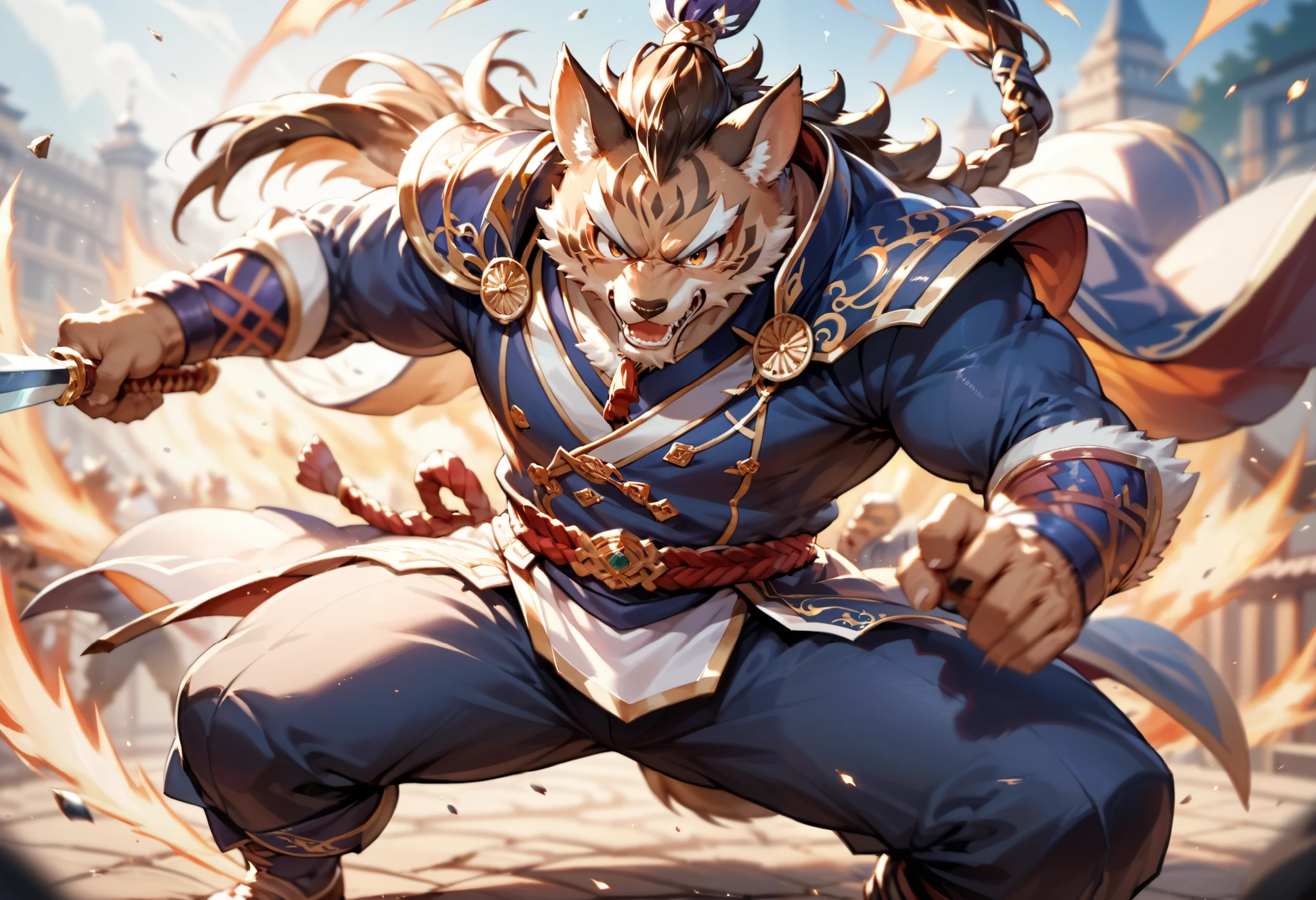 top quality, high-quality illustrations((masterpiece))depth of field, motion blur, absurdres, Perfect Anatomy, magnificent picture of kemono fighting fierce battles, kemono, 1boy, solo focus, Anthro((dramatic))epic, weapon, dynamic pose, One scene of movie,