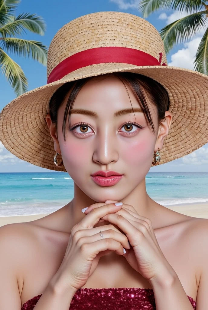 A realistic photo of Jihyo from Twice, reimagined as Luffy from One Piece,