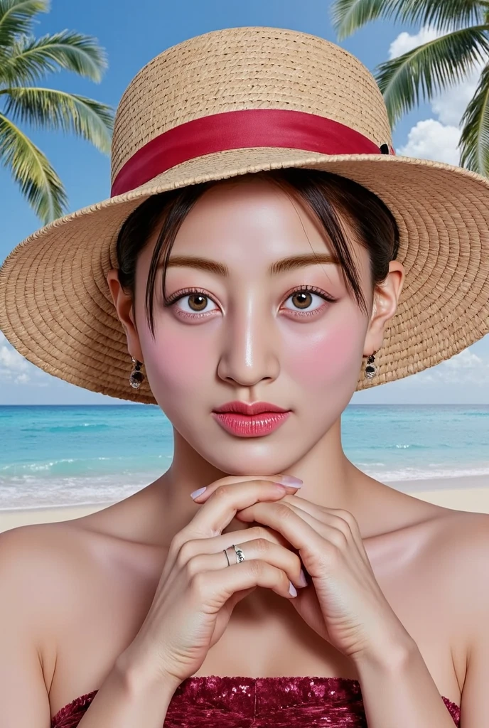 A realistic photo of Jihyo from Twice, reimagined as Luffy from One Piece,