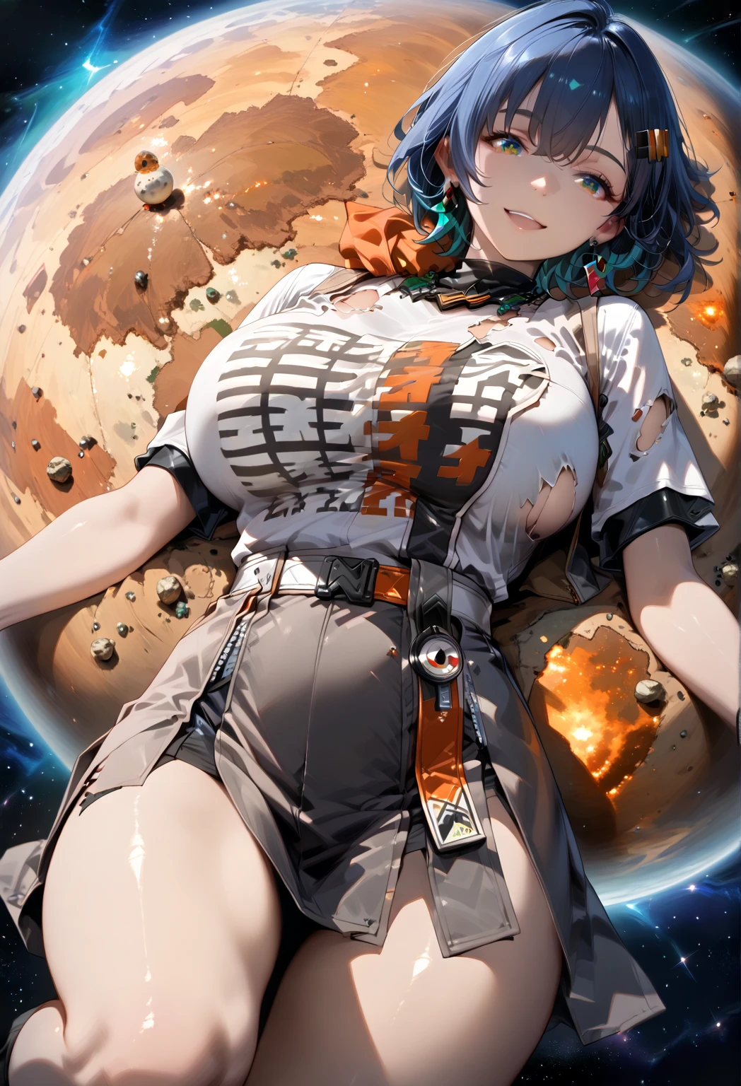 Ridiculous resolution, high res, (masterpiece:1.4), hyper-detailed, 1girl, Look from above, space, float,spacecraft,Blue Earth