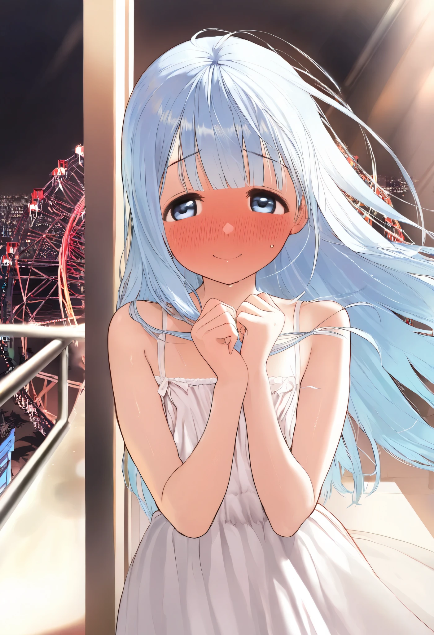 masterpiece, best quality, extremely detailed, (illustration, official art:1.1), 1 girl ,(((( light blue hair)))), ,(((( light blue long hair)))),light blue hair, ,((blush)) , cute face, big eyes, masterpiece, best quality,(((((a very delicate and beautiful girl))))),Amazing,beautiful detailed eyes,blunt bangs((((little delicate girl)))),(((tareme))),droopy eyes.(true beautiful:1.2), sense of depth,dynamic angle,,,, affectionate smile, (true beautiful:1.2),,(tiny 1girl model:1.2),)(flat chest), Absurdres, (masterpiece, best quality), (ultra-detailed), super high resolution, (Top Quality photorealistic Illustration), (Super Definition), (cute illustration:1.3), (high Saturation:1.2), detailed beautiful face and eyes, very detailed background, (an extremely delicate and beautiful), (nice hands, perfect hands), (appropriate posture), (appropriate configuration), ideal ratio body proportions, nsfw, ((1girl)), solo, (Inside the Ferris wheel), , (in the Ferris Wheel:1.2), (crowd:1.3), rim light, sunlight, beautiful lighting, (eyes highlight), (embarrassed smile), closed mouth, (full-face blush), sweat, (pussy juice), floating hair,enbarrased