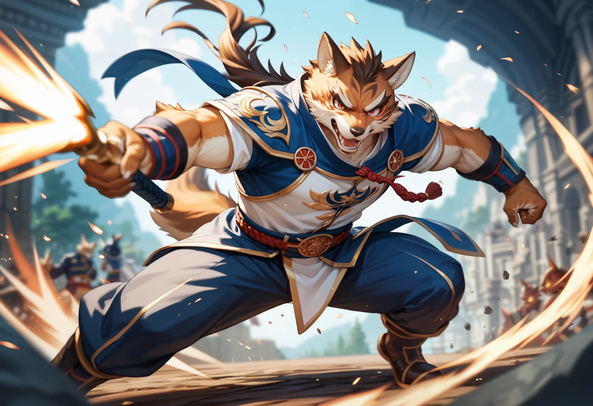 top quality, high-quality illustrations((masterpiece))depth of field, motion blur, absurdres, Perfect Anatomy, magnificent picture of kemono fighting fierce battles, kemono, 1boy, solo focus, Anthro((dramatic))epic, weapon, dynamic pose, One scene of movie,