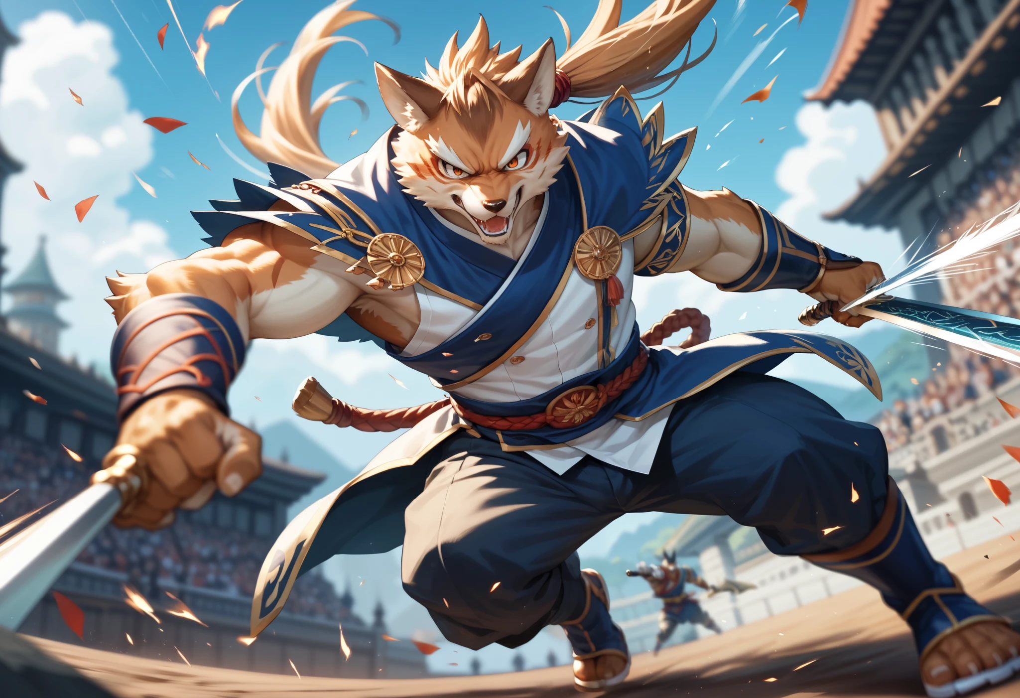 top quality, high-quality illustrations((masterpiece))depth of field, motion blur, absurdres, Perfect Anatomy, magnificent picture of kemono fighting fierce battles, kemono, 1boy, solo focus, Anthro((dramatic))epic, weapon, dynamic pose, One scene of movie,