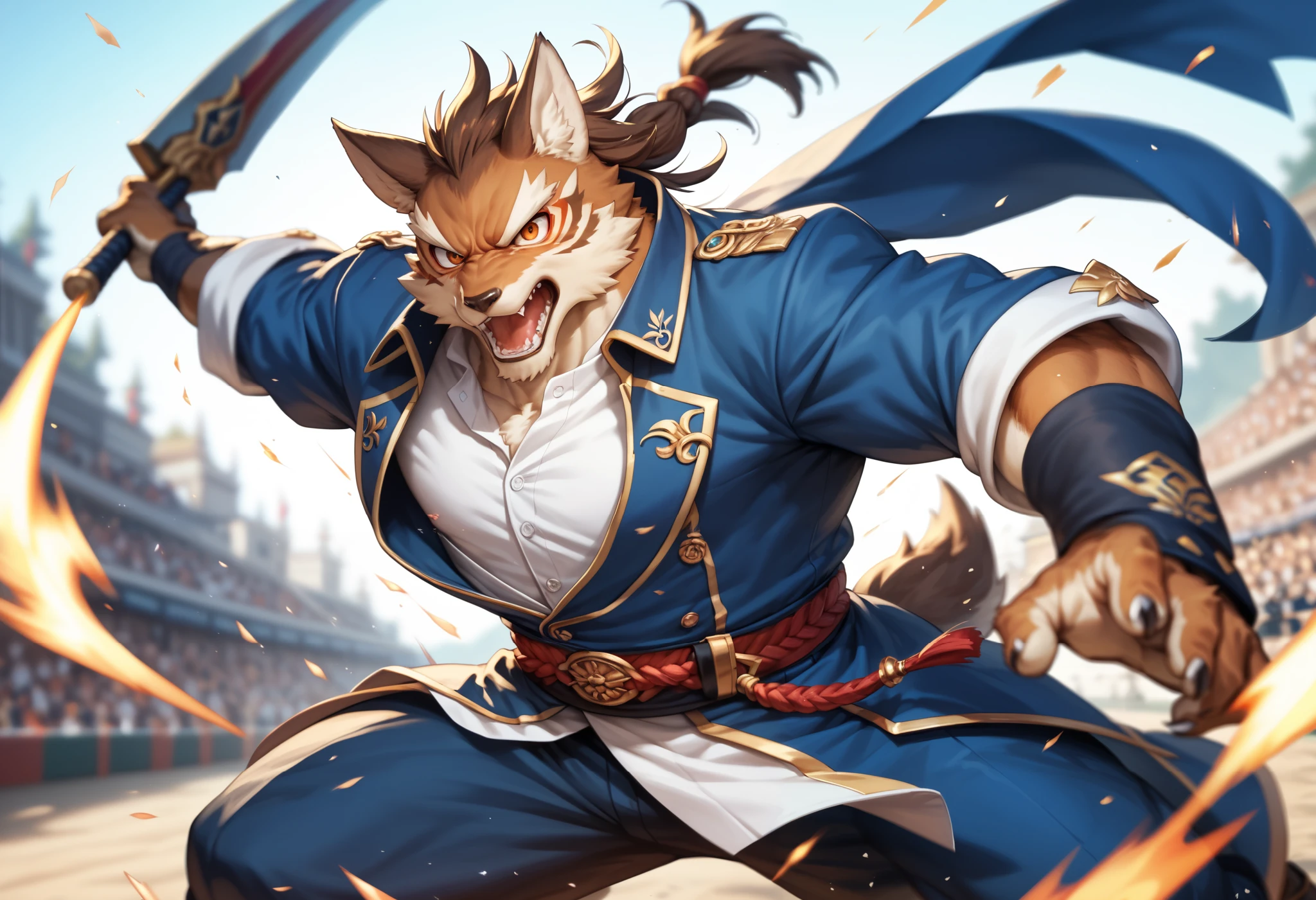 top quality, high-quality illustrations((masterpiece))depth of field, motion blur, absurdres, Perfect Anatomy, magnificent picture of kemono fighting fierce battles, kemono, 1boy, solo focus, Anthro((dramatic))epic, weapon, dynamic pose, One scene of movie,