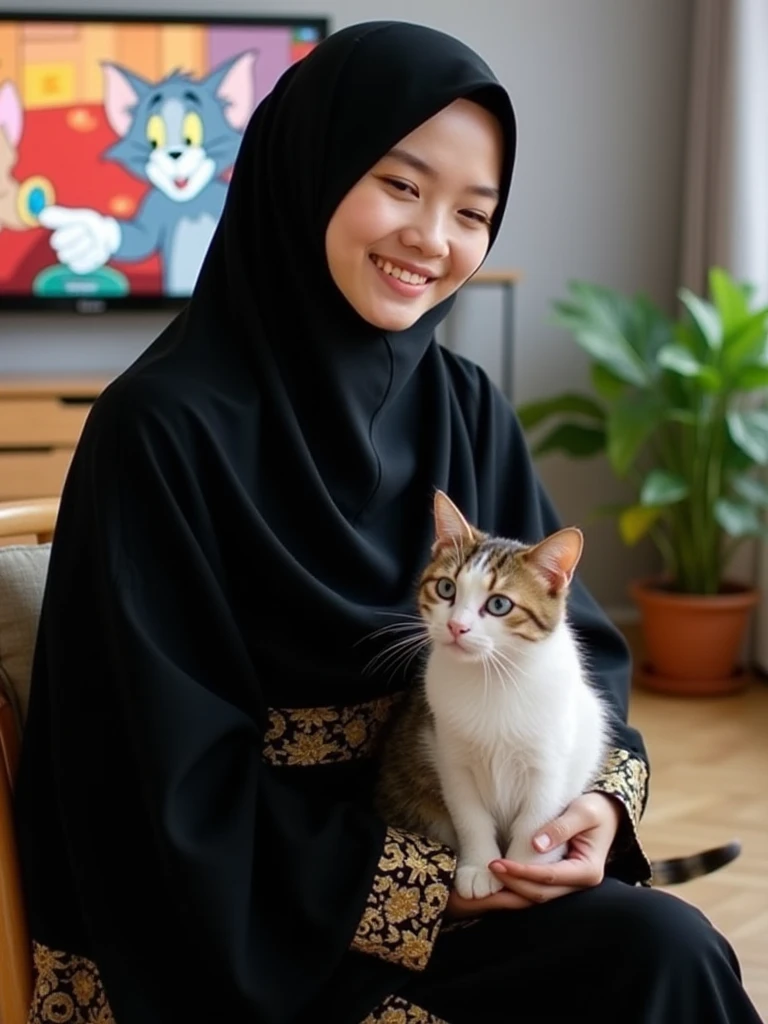 a hijabi girl with her three cats with the characteristics of a black and white cat with a fat body and an angry face. a gray cat with a fat body and a snub nose with thick fur. and a small black cat with a fat body, yellow and spoiled eyes and thick fur on its tail.