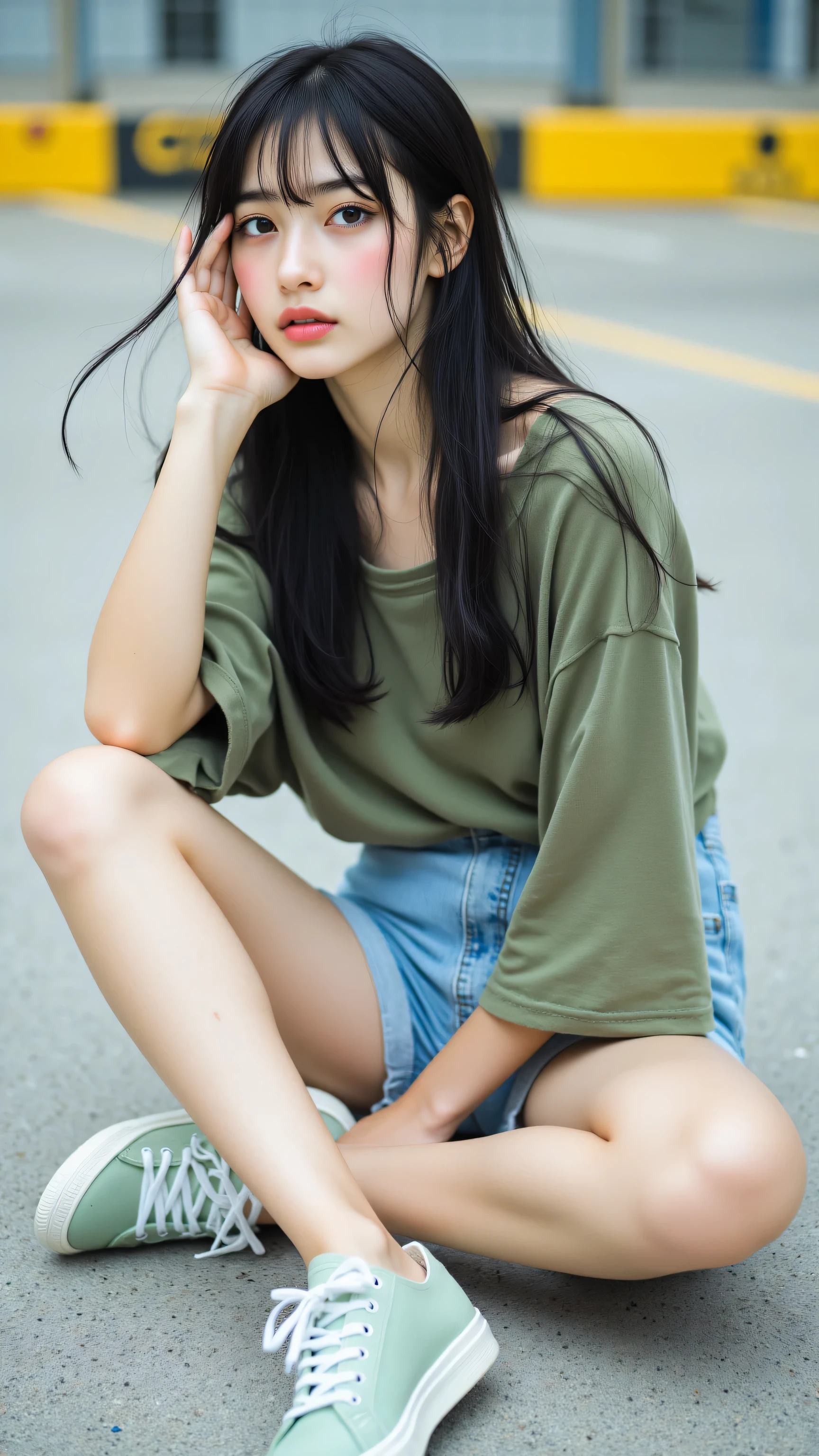 (best quality,8K,Reality:1.37),Realistic skin texture, Beautiful Japanese female marines, Aiming with an assault rifle, Old warehouse area by the port, Green T-shirt, cap, Braided Hair, Military Pants, boots, Dynamic poses, Running along the warehouse wall, Shootout, Bold Attack, Tattoo, Rain, thunderstorm, Beautiful face，Full breasts, Chest space, Big eyes that exude beauty, Lips that radiate beauty,necklace, earrings, bracelet,Very detailed,  。 Fit body, muscle, anger, Bold composition