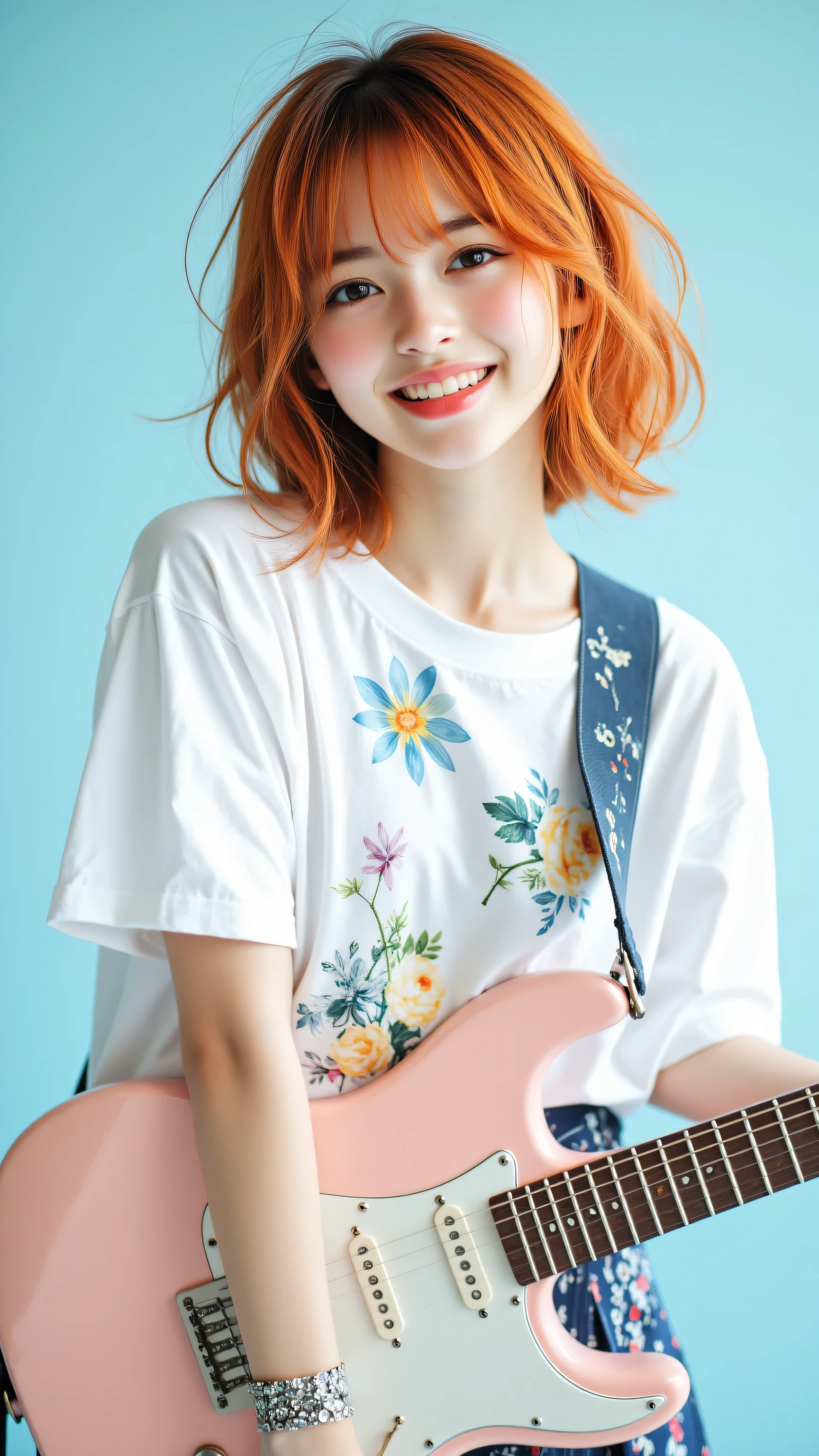 Arafed woman with red hair holding a pink guitar and smiling - SeaArt AI