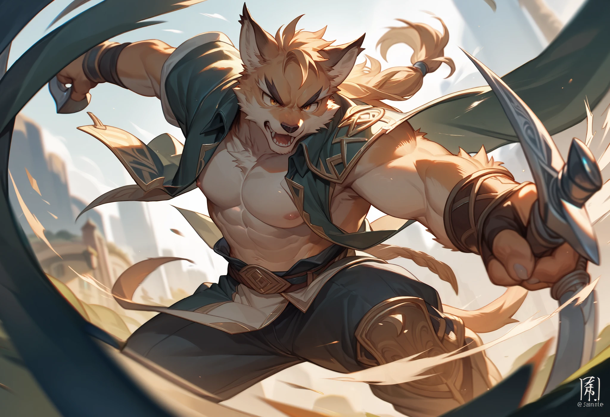 top quality, high-quality illustrations((masterpiece))depth of field, motion blur, absurdres, Perfect Anatomy, magnificent picture of kemono fighting fierce battles, kemono, 1boy, solo focus, Anthro((dramatic))epic, weapon, dynamic pose, One scene of movie,