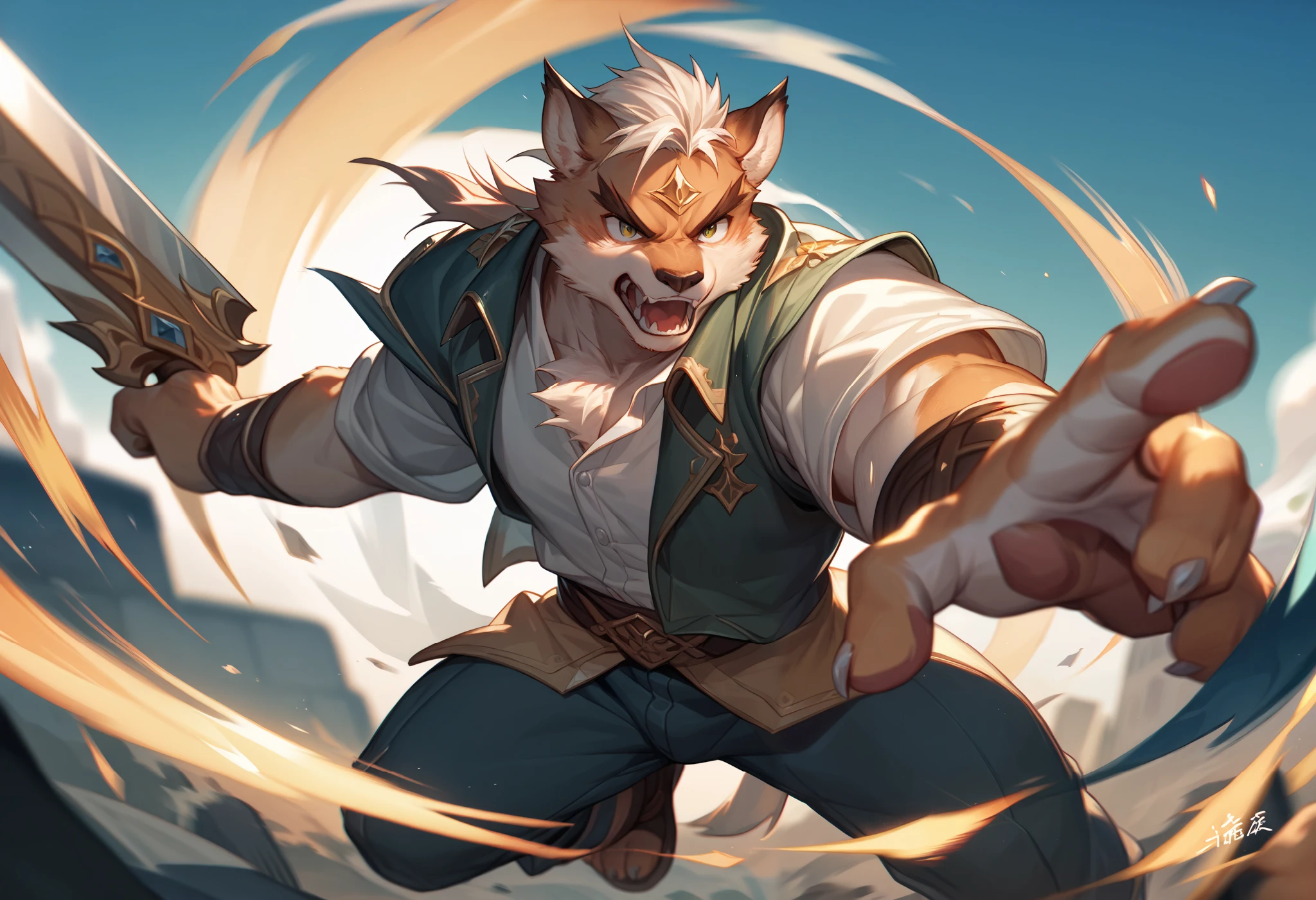 top quality, high-quality illustrations((masterpiece))depth of field, motion blur, absurdres, Perfect Anatomy, magnificent picture of kemono fighting fierce battles, kemono, 1boy, solo focus, Anthro((dramatic))epic, weapon, dynamic pose, One scene of movie,