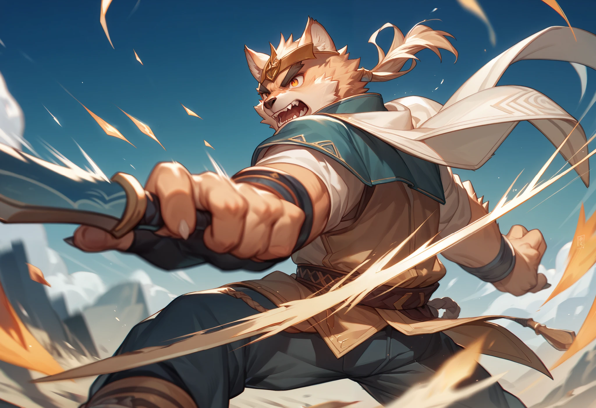 top quality, high-quality illustrations((masterpiece))depth of field, motion blur, absurdres, Perfect Anatomy, magnificent picture of kemono fighting fierce battles, kemono, 1boy, solo focus, Anthro((dramatic))epic, weapon, dynamic pose, One scene of movie,