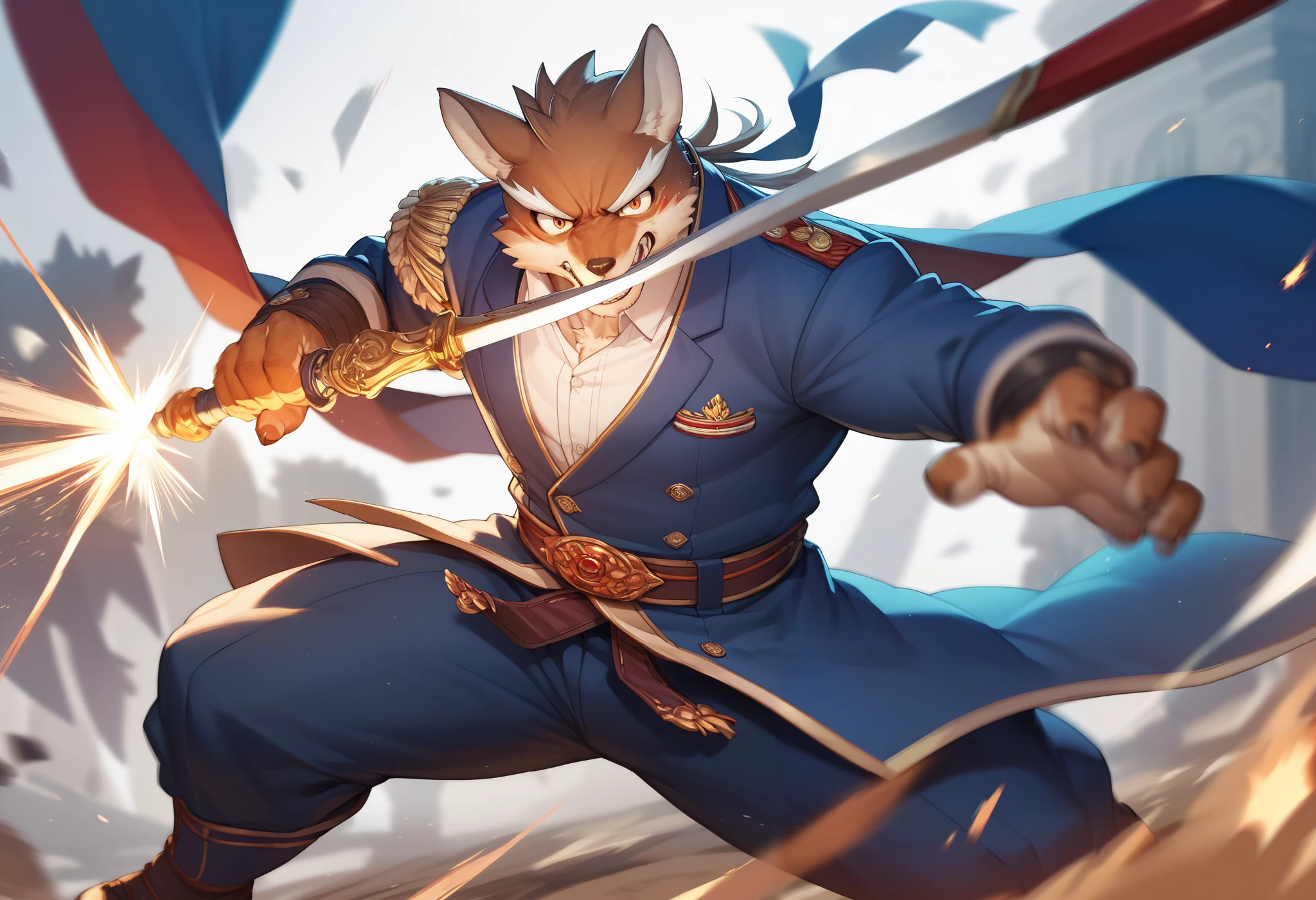 top quality, high-quality illustrations((masterpiece))depth of field, motion blur, absurdres, Perfect Anatomy, magnificent picture of kemono fighting fierce battles, kemono, 1boy, solo focus, Anthro((dramatic))epic, weapon, dynamic pose, One scene of movie,