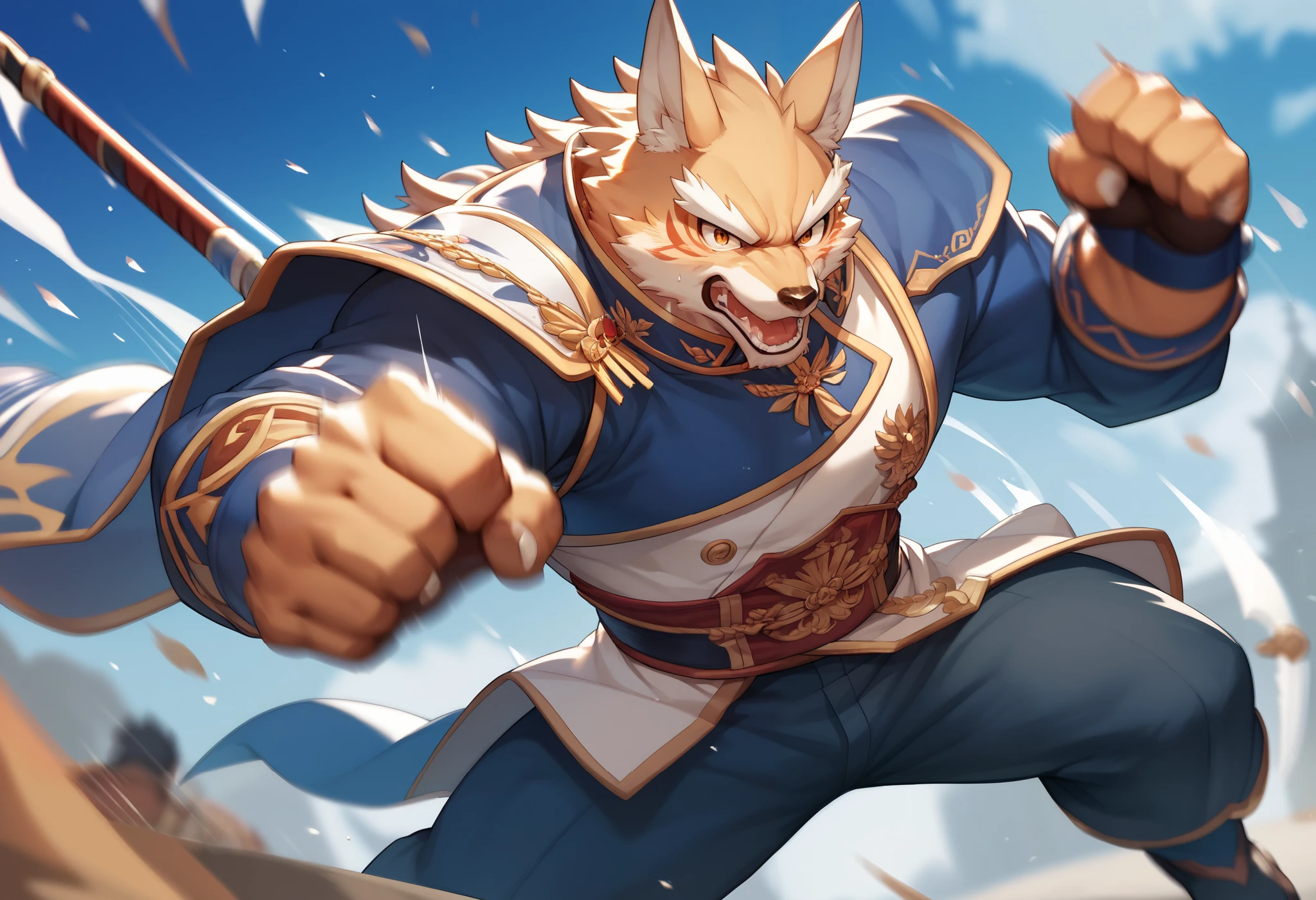 top quality, high-quality illustrations((masterpiece))depth of field, motion blur, absurdres, Perfect Anatomy, magnificent picture of kemono fighting fierce battles, kemono, 1boy, solo focus, Anthro((dramatic))epic, weapon, dynamic pose, One scene of movie,