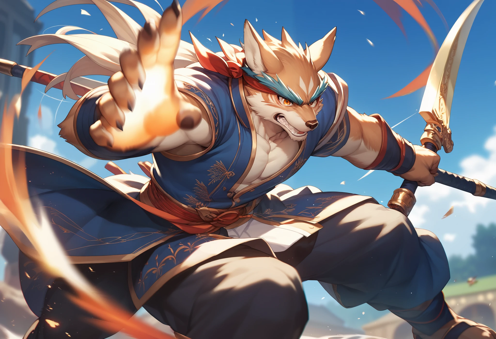 top quality, high-quality illustrations((masterpiece))depth of field, motion blur, absurdres, Perfect Anatomy, magnificent picture of kemono fighting fierce battles, kemono, 1boy, solo focus, Anthro((dramatic))epic, weapon, dynamic pose, One scene of movie,