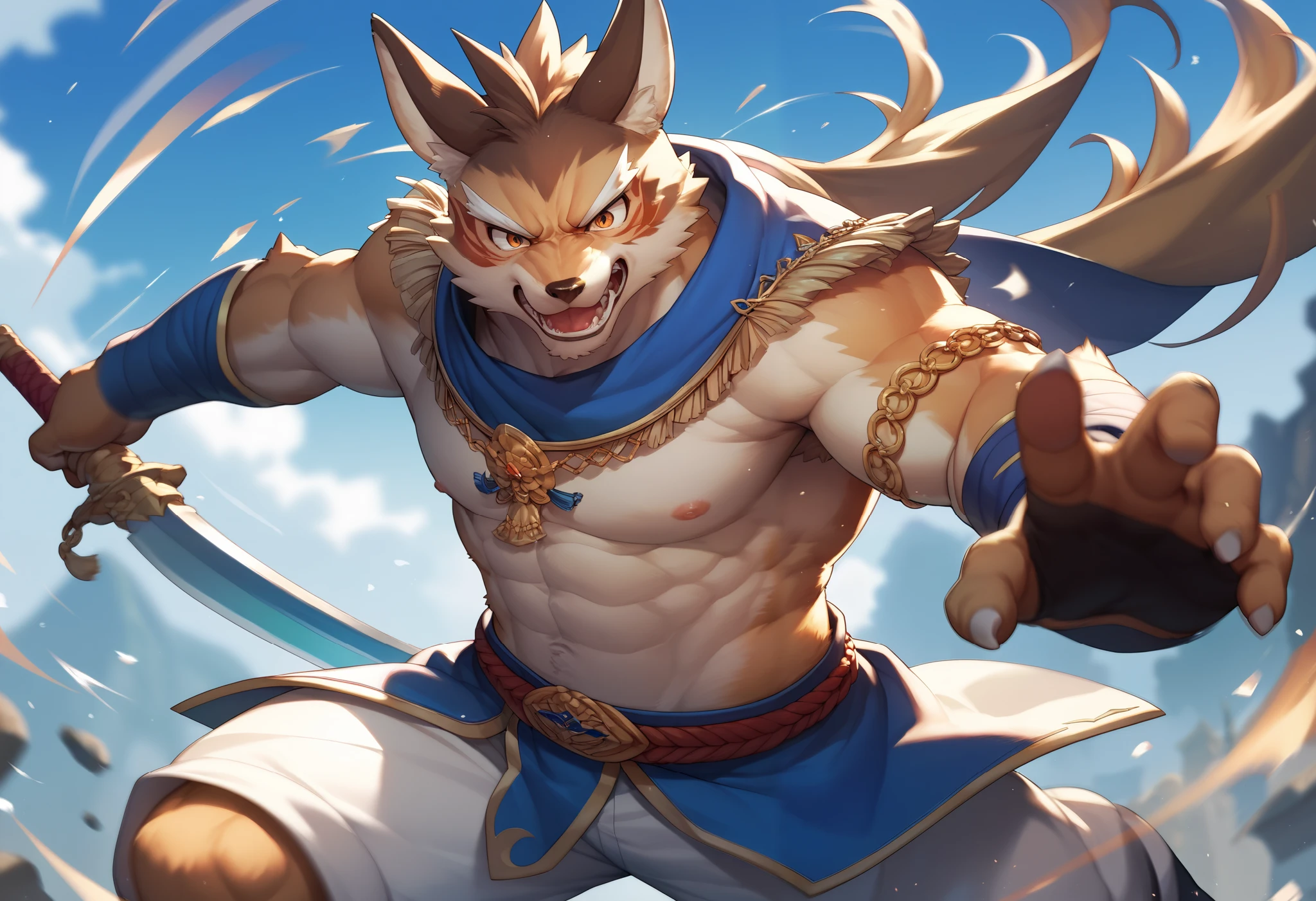 top quality, high-quality illustrations((masterpiece))depth of field, motion blur, absurdres, Perfect Anatomy, magnificent picture of kemono fighting fierce battles, kemono, 1boy, solo focus, Anthro((dramatic))epic, weapon, dynamic pose, One scene of movie,