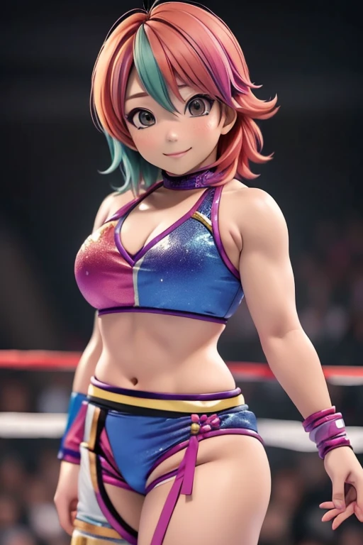 maylene, pink eyes, short pink hair, blue leotard, white pants, sweatpants, bandaid on face, blue fingerless gloves, barefoot, looking at viewer, smiling, standing, full body shot, arms crossed, inside boxing ring, high quality, masterpiece, <lora:maylene_outfit-06:.8>