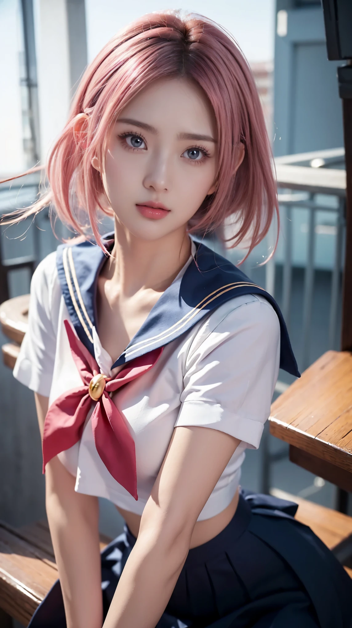 score_9,score_8_and_above,score_7_and_above,8k, beautiful face, detailed face, detailed eyelashes, can have eyebrows, 1 girl, light makeup, outdoors, Busan city, Korea (faint), short pink hair (Sakura Haruno), slim waist, wide hips, super large breasts, slightly visible breasts, shiny thin pink lips, (complex), sailor outfit, tight clothes, dark blue striped sailor collar, pleated skirt, dark blue mini skirt, large bow tie on the chest, red tie with gold brooch, long gloves, (Sailor Moon),
A portrait of a young Asian girl with short, very realistic pink hair. Each strand of her hair looks natural with a soft texture and realistic lighting effects. Her face has very fine skin details, with professional pores and lighting. Her eyes are blue with natural light reflections, thick and natural eyelashes, and light makeup that accentuates her beauty. She is wearing a detailed sailor uniform, with realistic fabric folds, clear fabric texture, and the background is a faint urban street.
