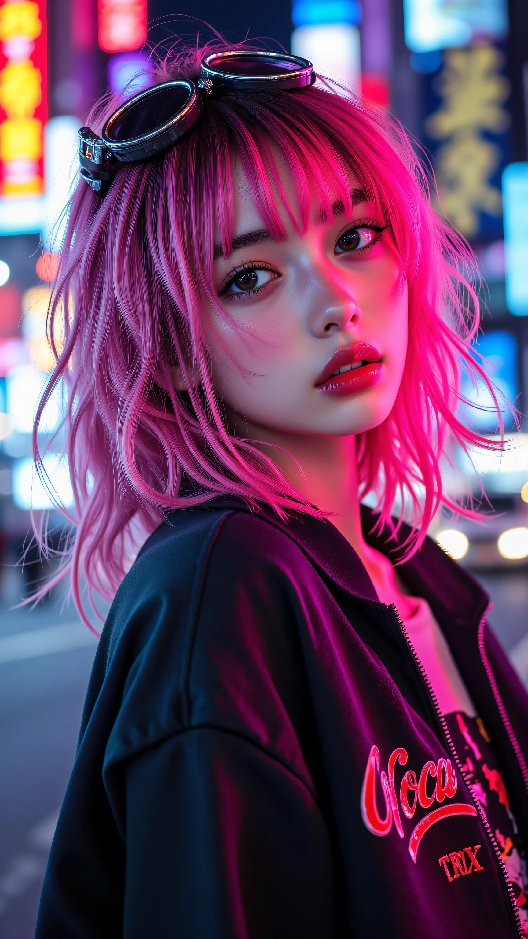 Arafed woman with pink hair and sunglasses on a city street - SeaArt AI