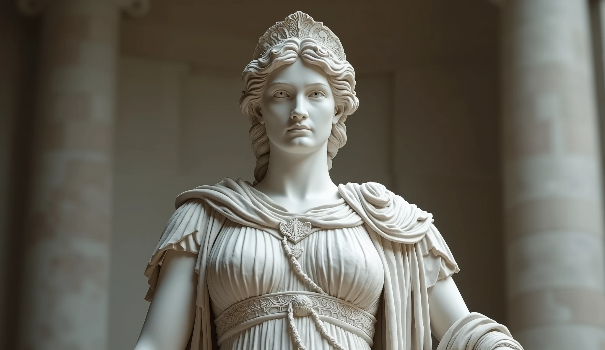 photorealistic of Athena Goddess porcelain statue(Graeco-Roman statue:1.)ancient Greek style, sitting back in the throne, iconic sitting stance(porcelain statue:1.0), warrior suit, best quality, glowing surfaces, blurry edges, stunning movement transition background UHD, super detailed{BREAK} 1girl, little cute, standing before the statue. 