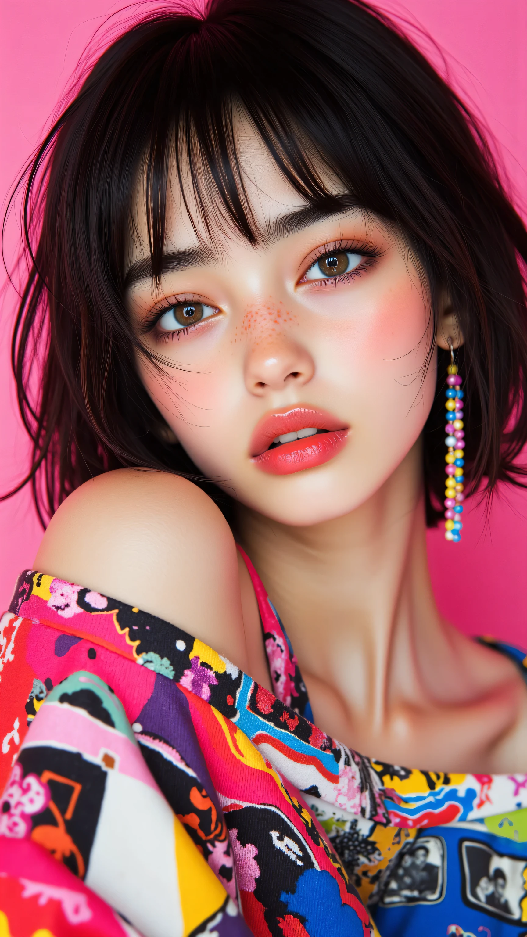 8k, masterpiece, highest quality, Korea's Beautiful Women, Close-up, from below, high-angle, Vibrant portrait, colorful makeup, bright pink eyeshadow, purple under-eye shadow, freckles, short bangs, dark hair, coral lipstick, long colorful earrings, retro car print shirt, neon colors, pink background, 1980s aesthetic, fashion photography, high contrast, sharp focus, vivid colors, pop art style, quirky fashion,