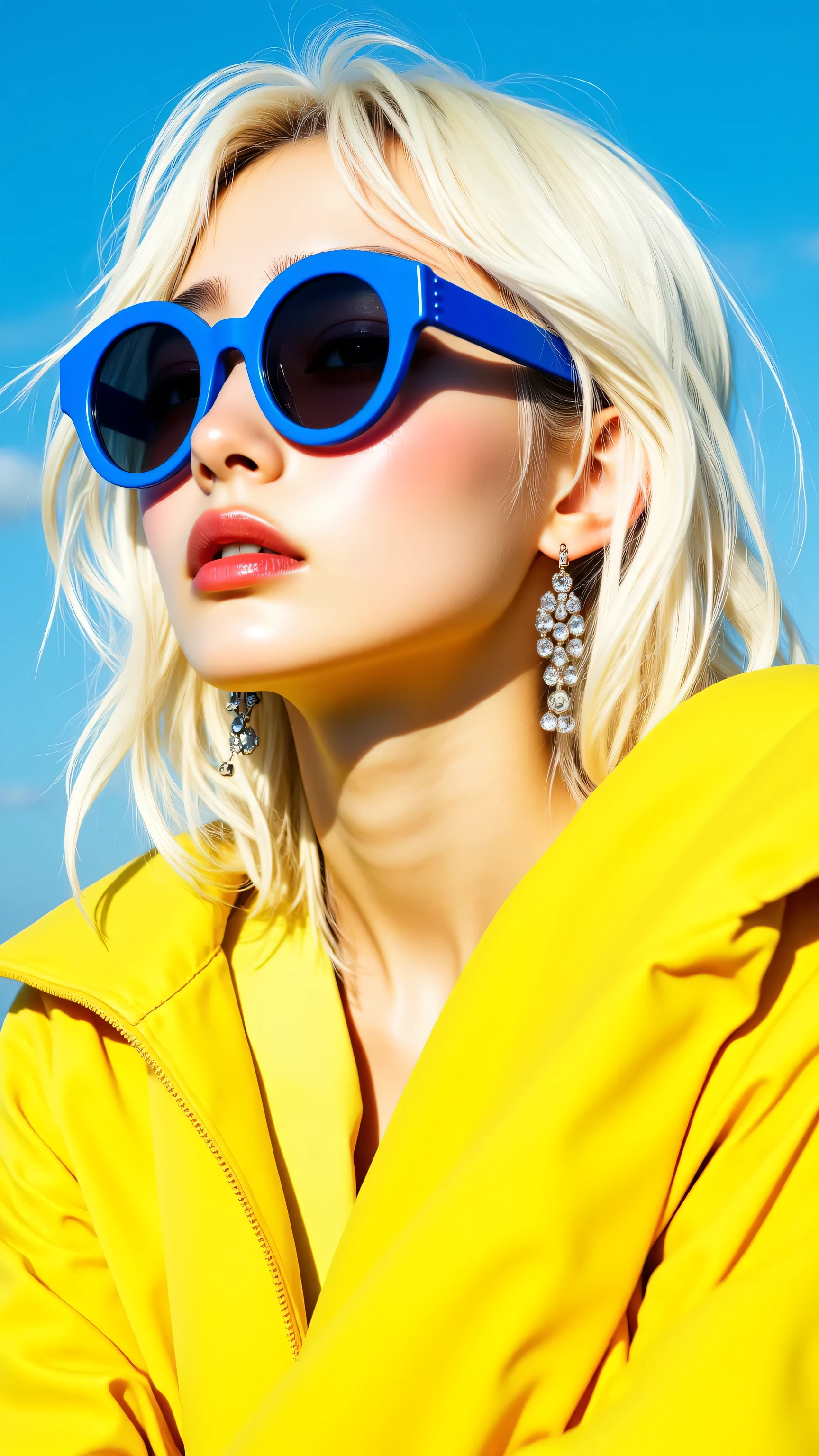 Blond woman in yellow jacket and blue sunglasses on a sunny day - SeaArt AI