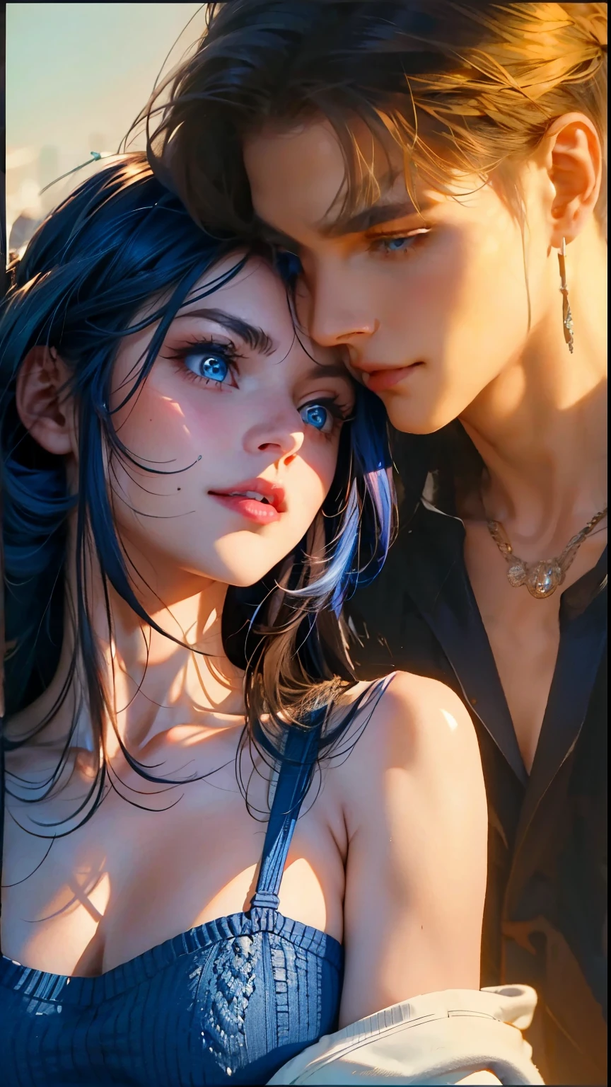 girl, blue long hair, Blue eyes, serious sharp features , white skin, shiny lips, beautiful, perfect, sweater, your look at the top right corner.