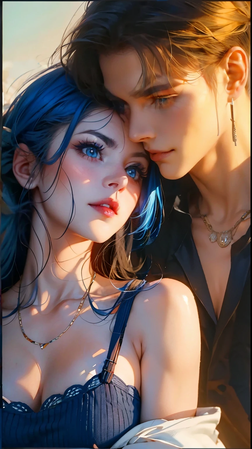 girl, blue hair, Blue eyes, serious sharp features , white skin, shiny lips, beautiful, perfect, sweater, your look at the top right corner.