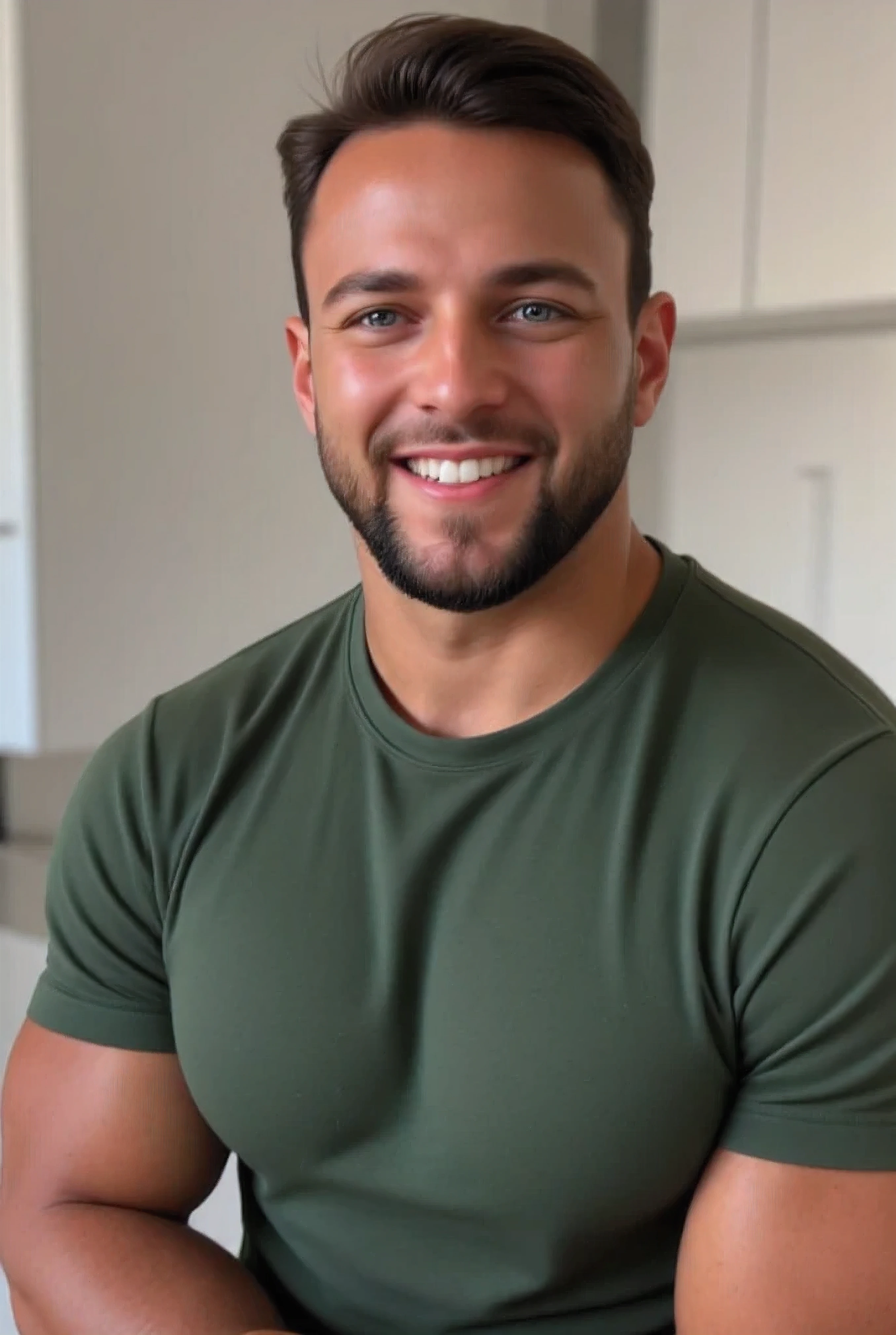 42 year old man, muscular, green eyes, sitting with legs open, Marking package in underwear and smiling