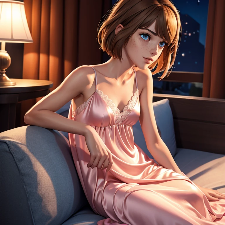 a beautiful young woman lying on a bed, wearing a nightgown, with voluptuous breasts, incredibly detailed, hyper realistic, cinematic lighting, 8k, high resolution, masterpiece